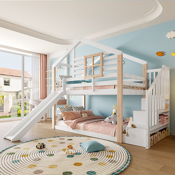 Lit superposé 90x200 cm avec toboggan et escalier à rangements, structure bois massif, style scandinave