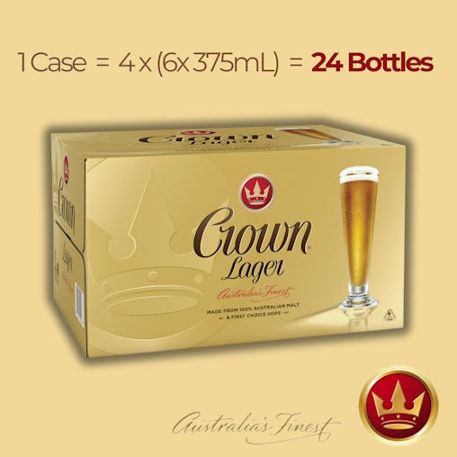 Crown Lager, Premium Lager Beer, Made from 100% Australian Malt, Crisp & Clean Finish, 4.9% ABV, 375mL (Case of 24 Bottles)