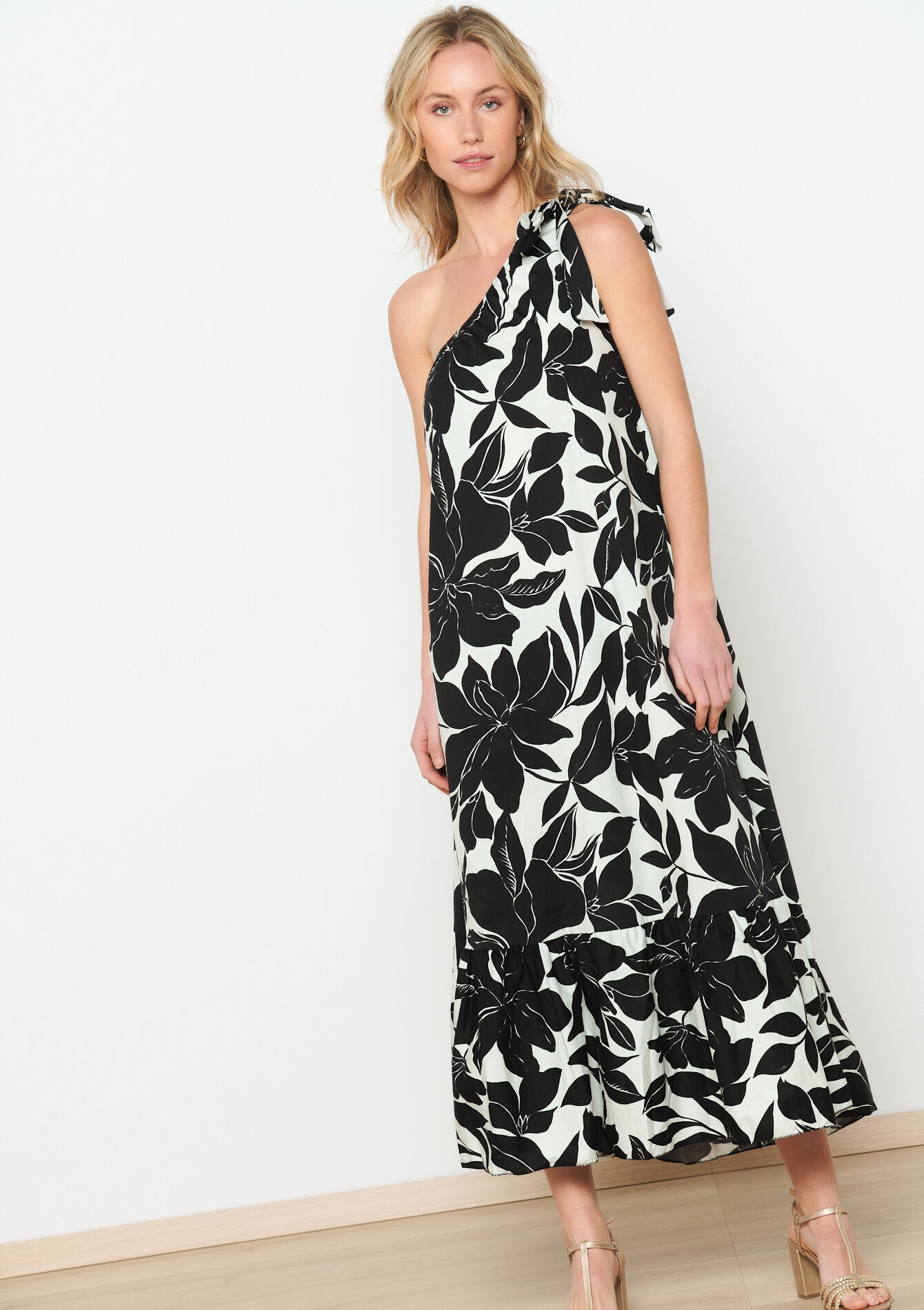 One-shoulderjurk met bloemenprint