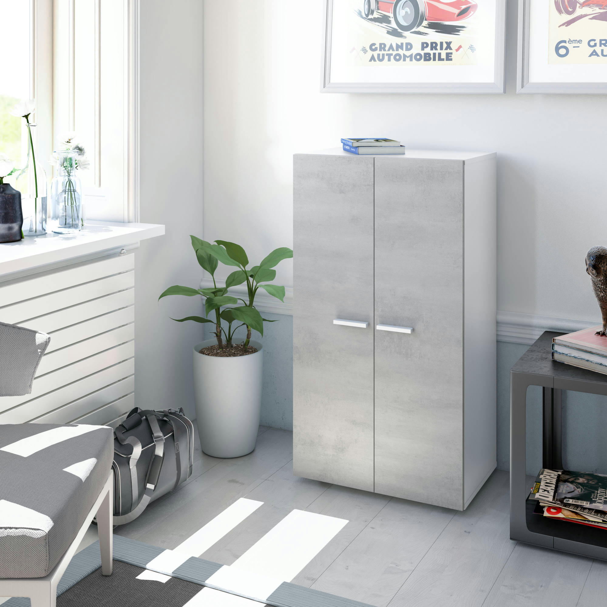 NORWALK - Armoire polyvalente à 2 portes effet bois blanc et béton