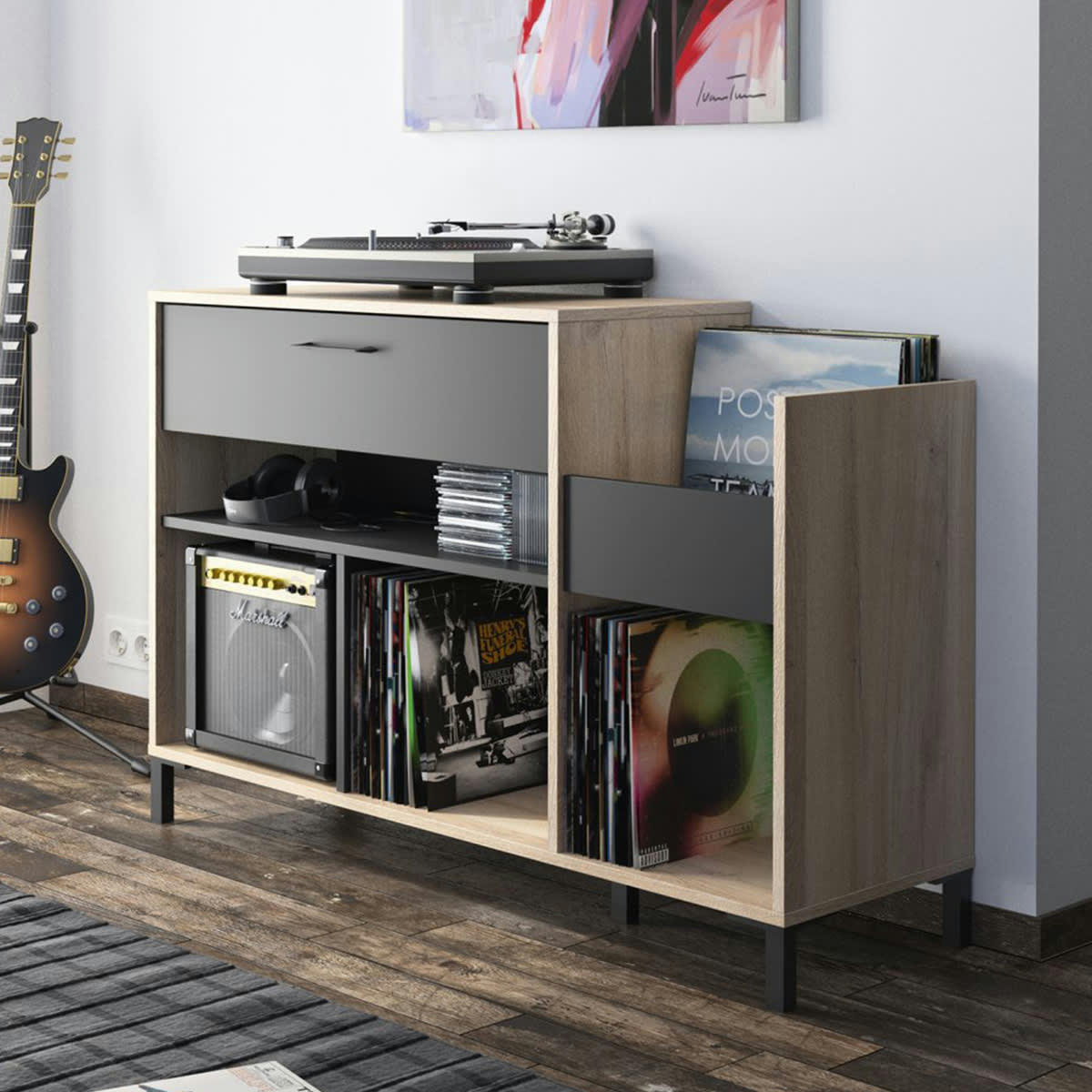 GATIEN - Rangement vinyles effet bois clair et noir