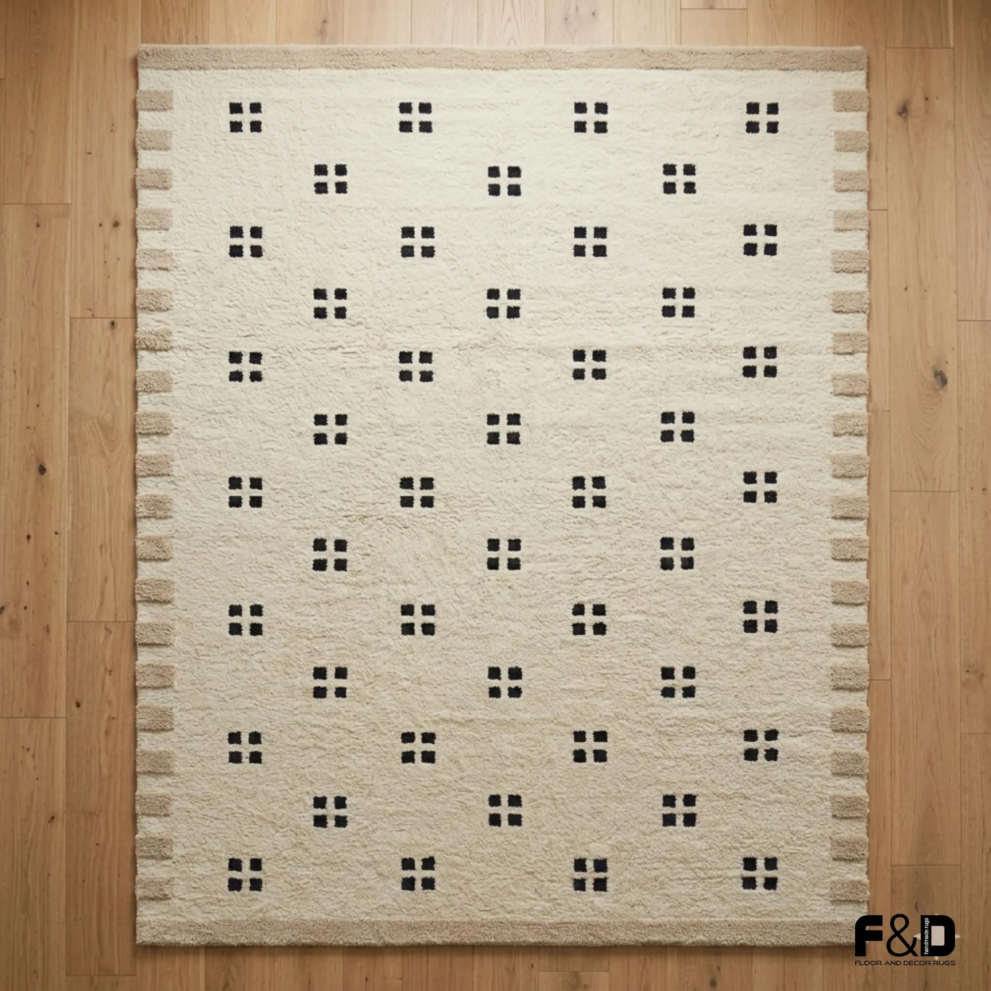 Handmade Moroccan Style Wool Rug | Cream and Black Geometric Area Rug | Plush Boho Berber Carpet for Living Room | Minimalist Custom Size Ru