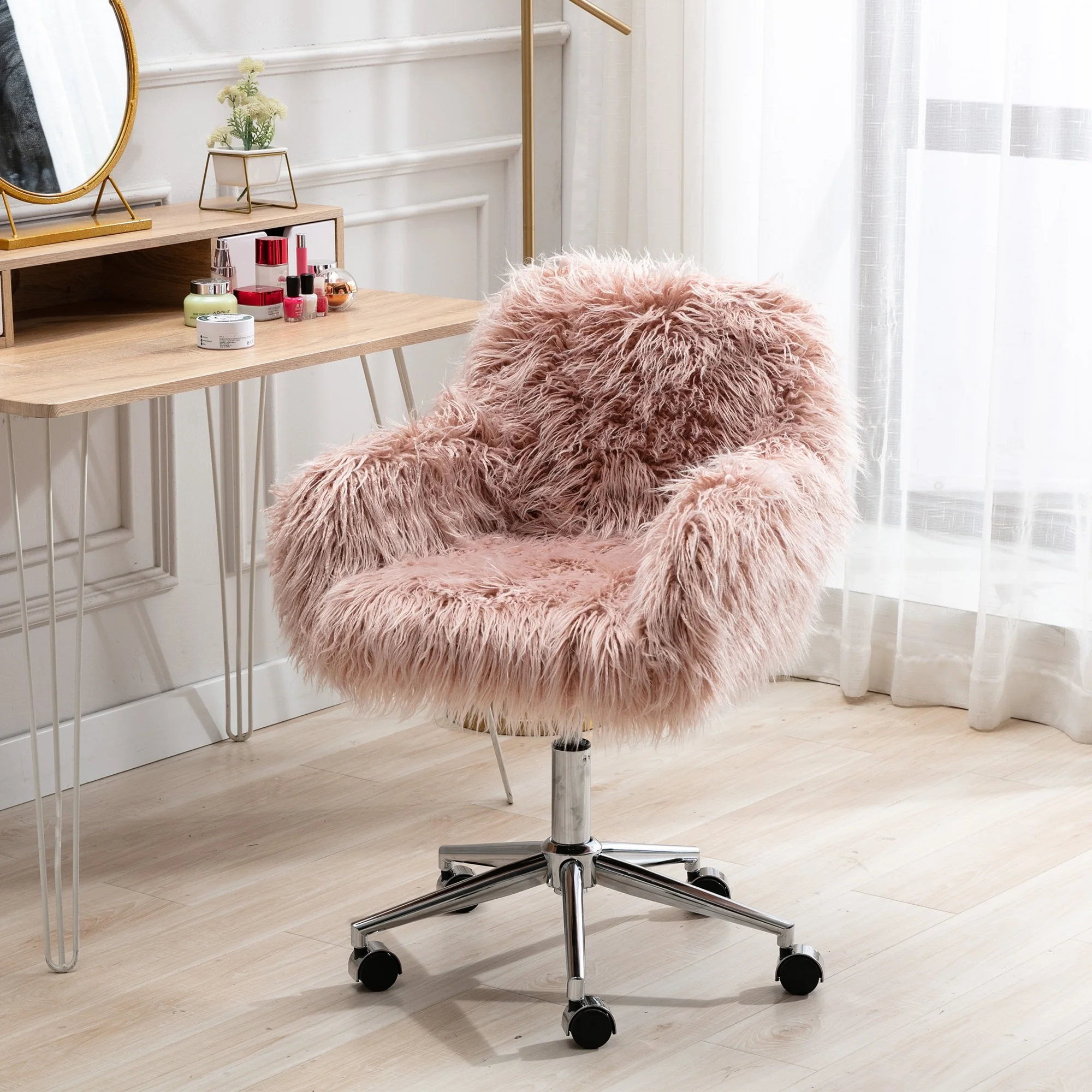 Modern Faux Fur Home Office Chair, Fluffy Chair for Girls, Makeup Vanity Chair