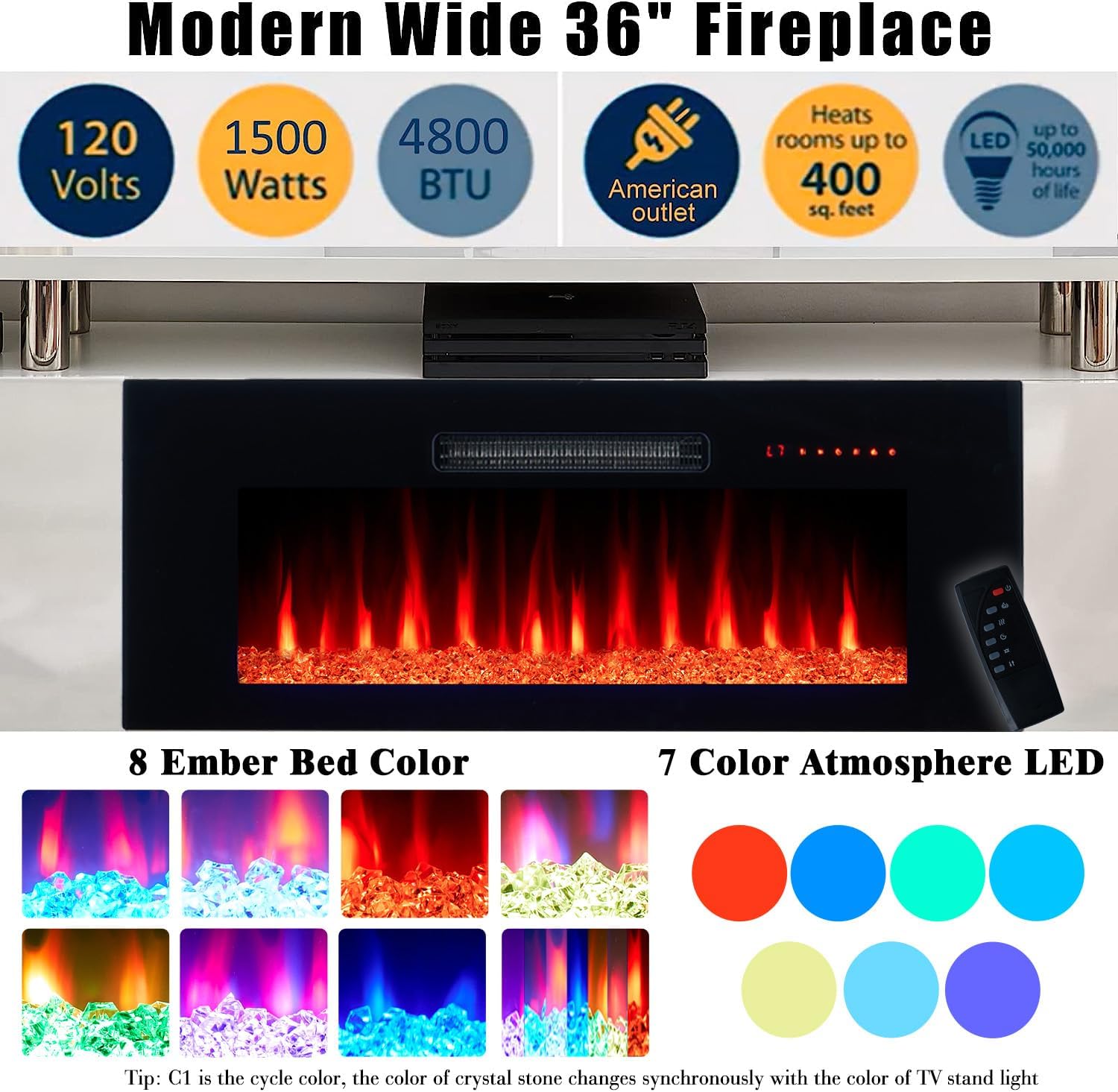 AMERLIFE Fireplace TV Stand with 36 Fireplace, 70 Modern Fireplace Entertainment Center LED Lights, 2 Tier TV Console Cabinet for TVs Up to 80, Ivory White