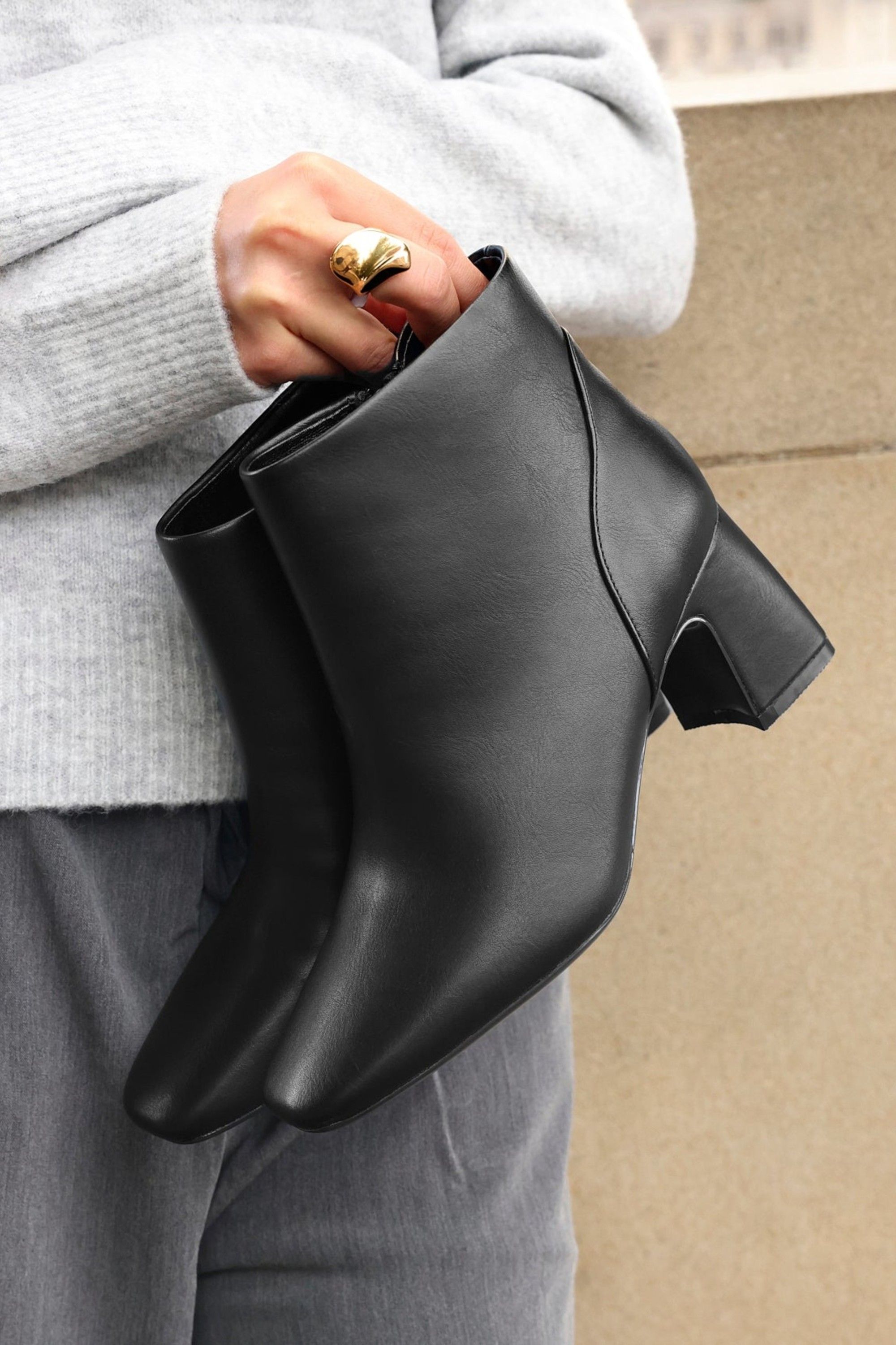 Linzi Cove Black Faux Leather Soft Square Toe Block Heel Ankle Boot