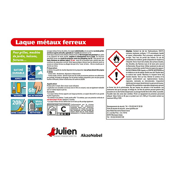 Laque pour métaux ferreux antirouille monocouche Julien noir satin 2,5L