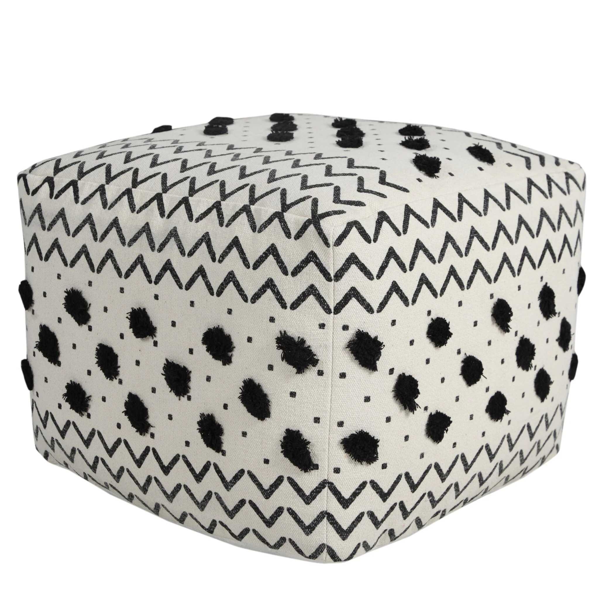 18 Inch White Cotton Chevron Pouf Ottoman for Living Room or Bedroom