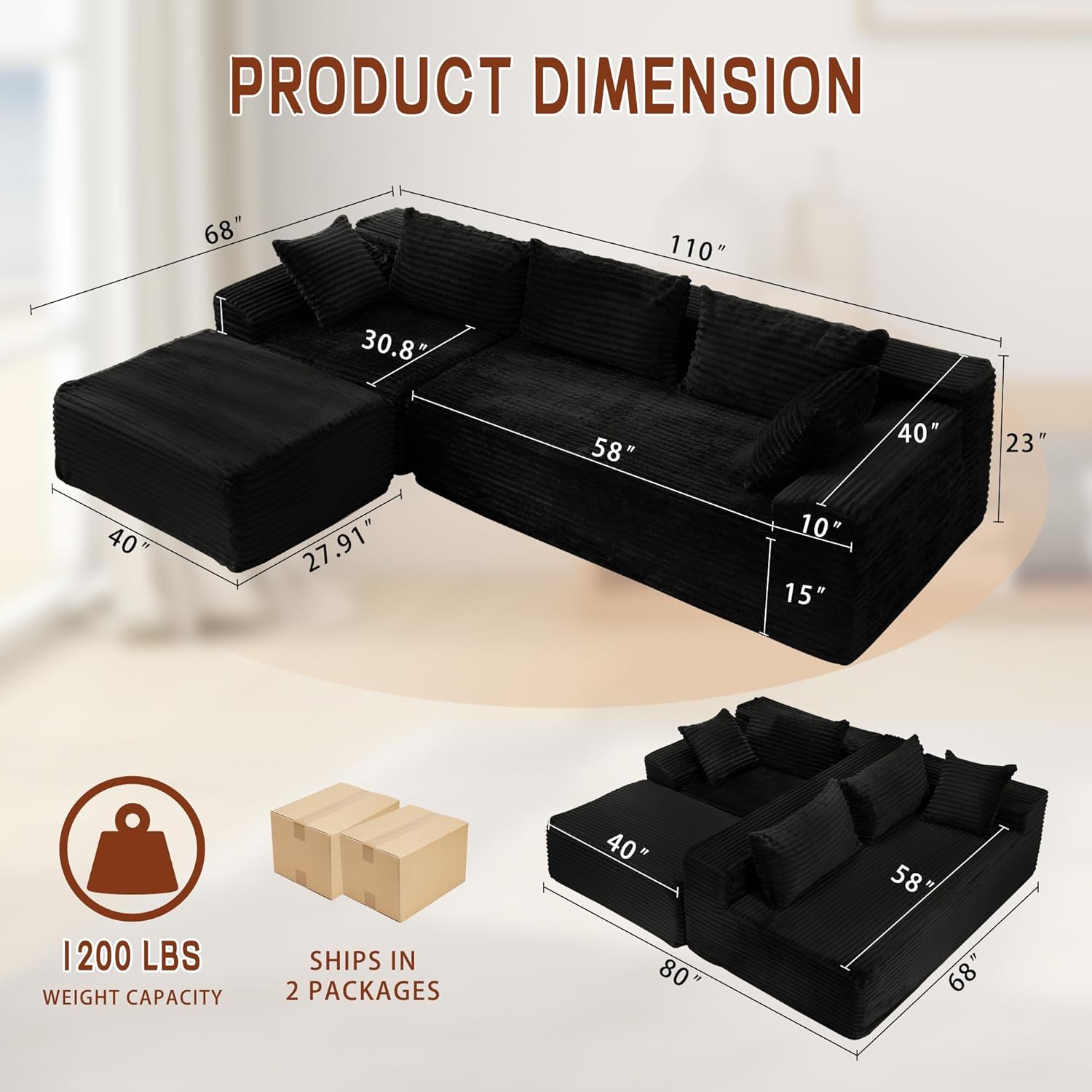 110 L-Shaped Modular Sectional Sofa with Chaise, Boneless Comfy Corduroy Fluffy Couch with Deep Seat and Side Pockets, Flexible Module Combination for Living Room, No Assembly, Side Pockets