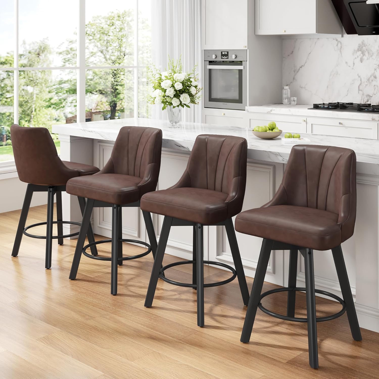 Counter Height Swivel Bar Stool, 24 Upholstered PU Leather Barstools Set of 4, Counter Stool Chair with Back & Solid Wood Legs for Kitchen Island Dining Room (Brown)