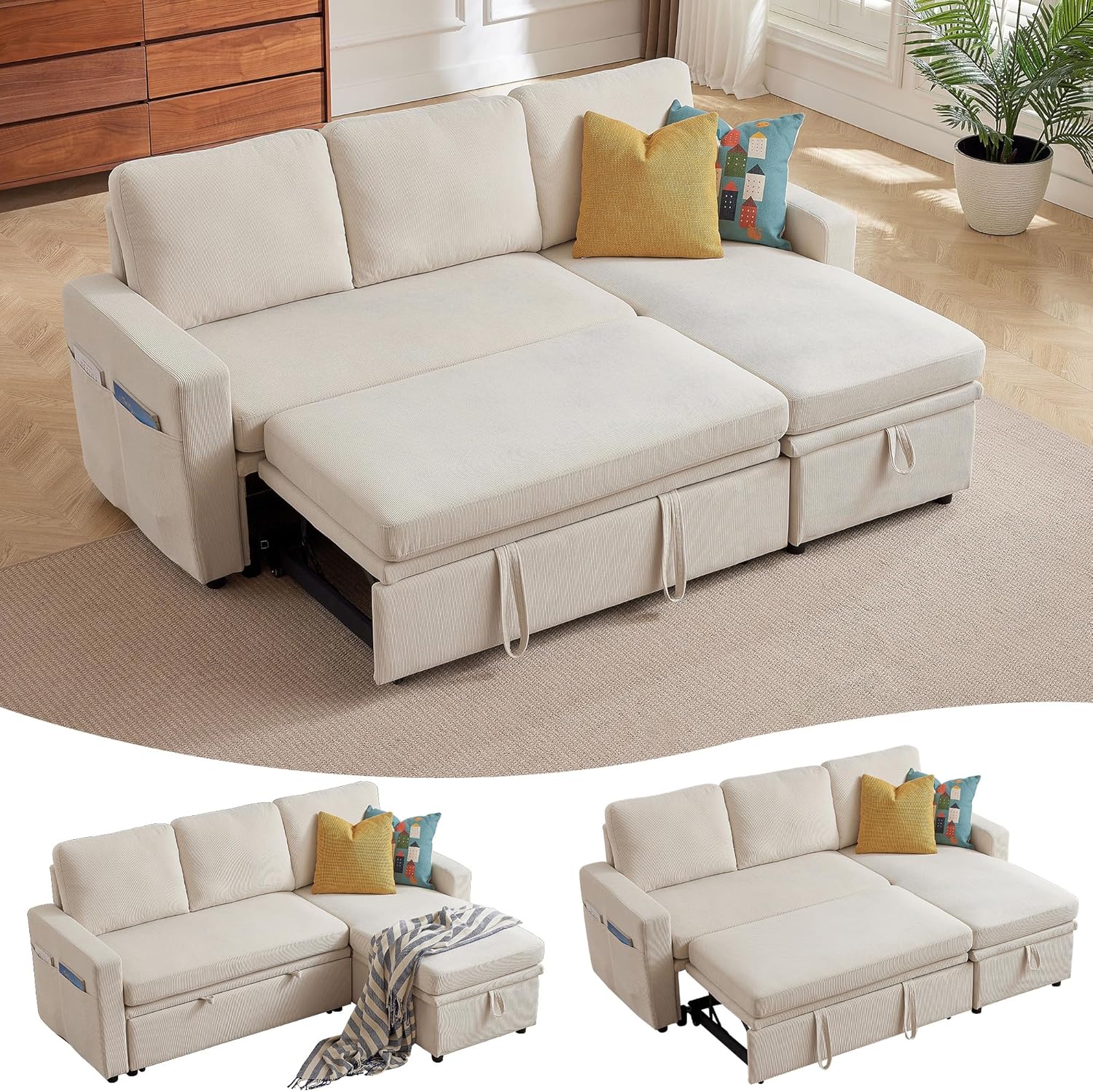 Sleeper Sofa, 79 Sectional Sofa Bed, 2 in 1 Pull Out Couch Bed with Storage Chaise and Side Pockets, L Shaped Sleeper Couch for Living Room, Beige