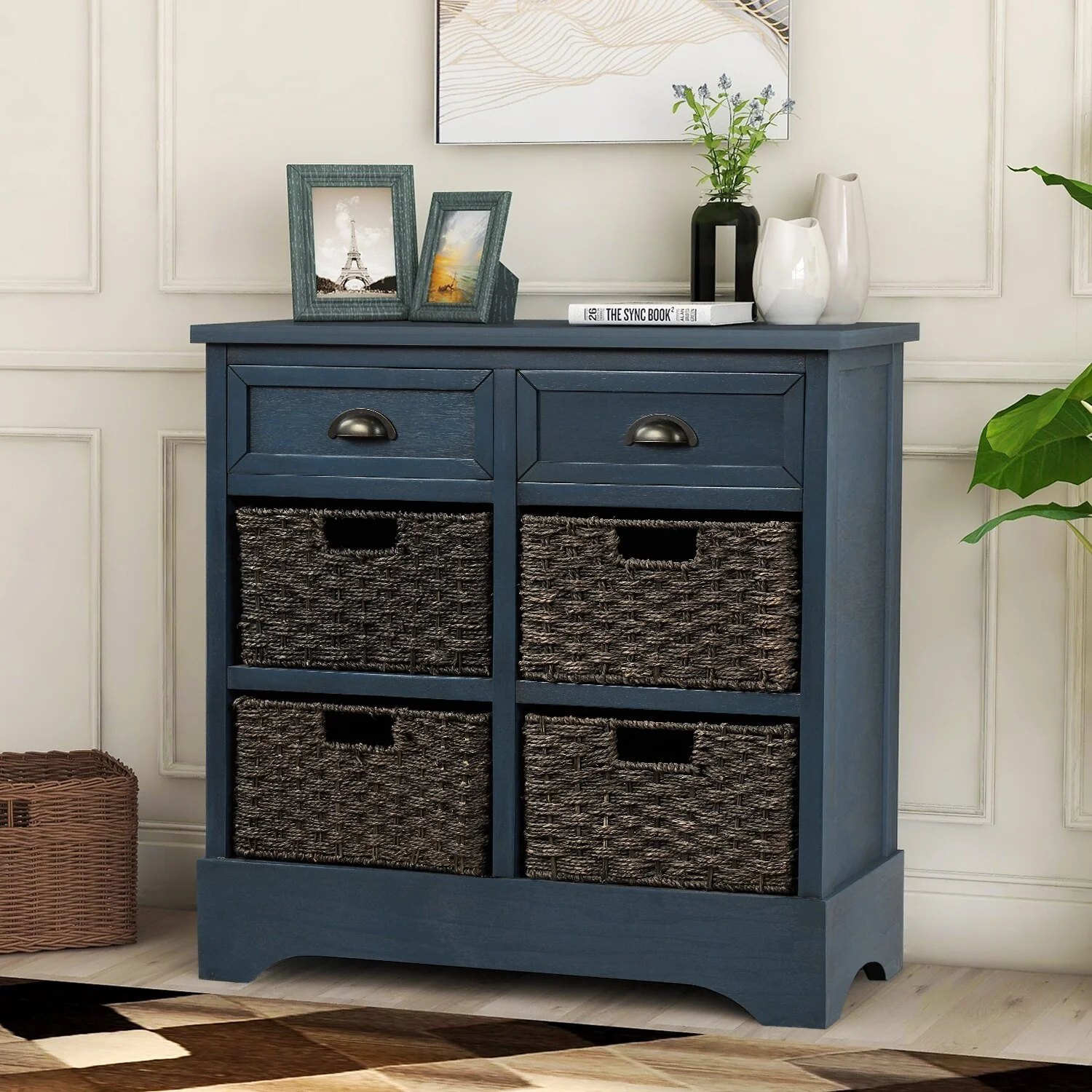 Blue Rustic Storage Cabinet with Drawers and Rattan Baskets - 11.80 x 28.00 x 28.00