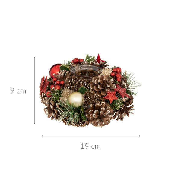 Świecznik z szyszek i bombek, 19 cm