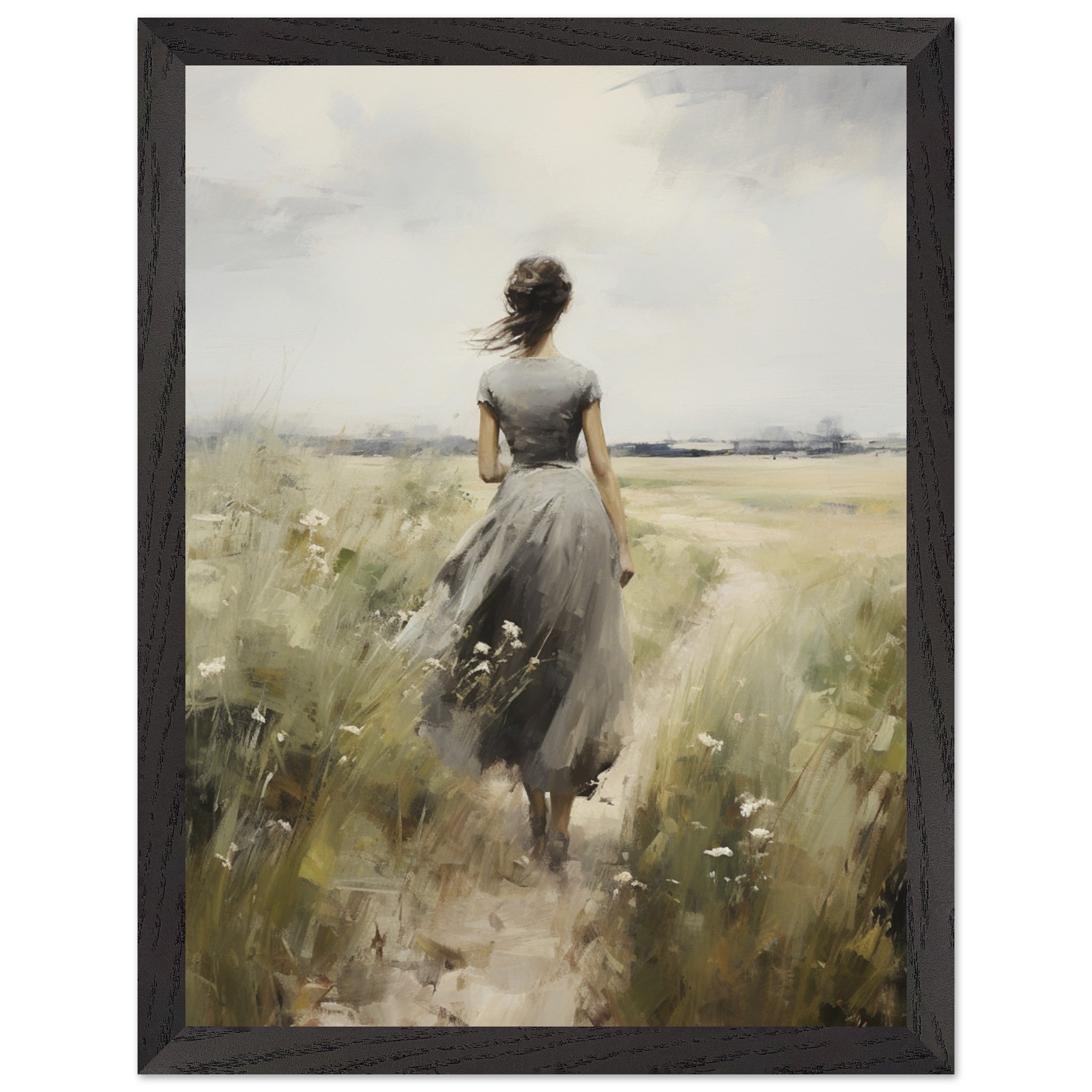 Artfulprints Poster met Lijst Woman in flowerfield  - 30x40 cm - Groen
