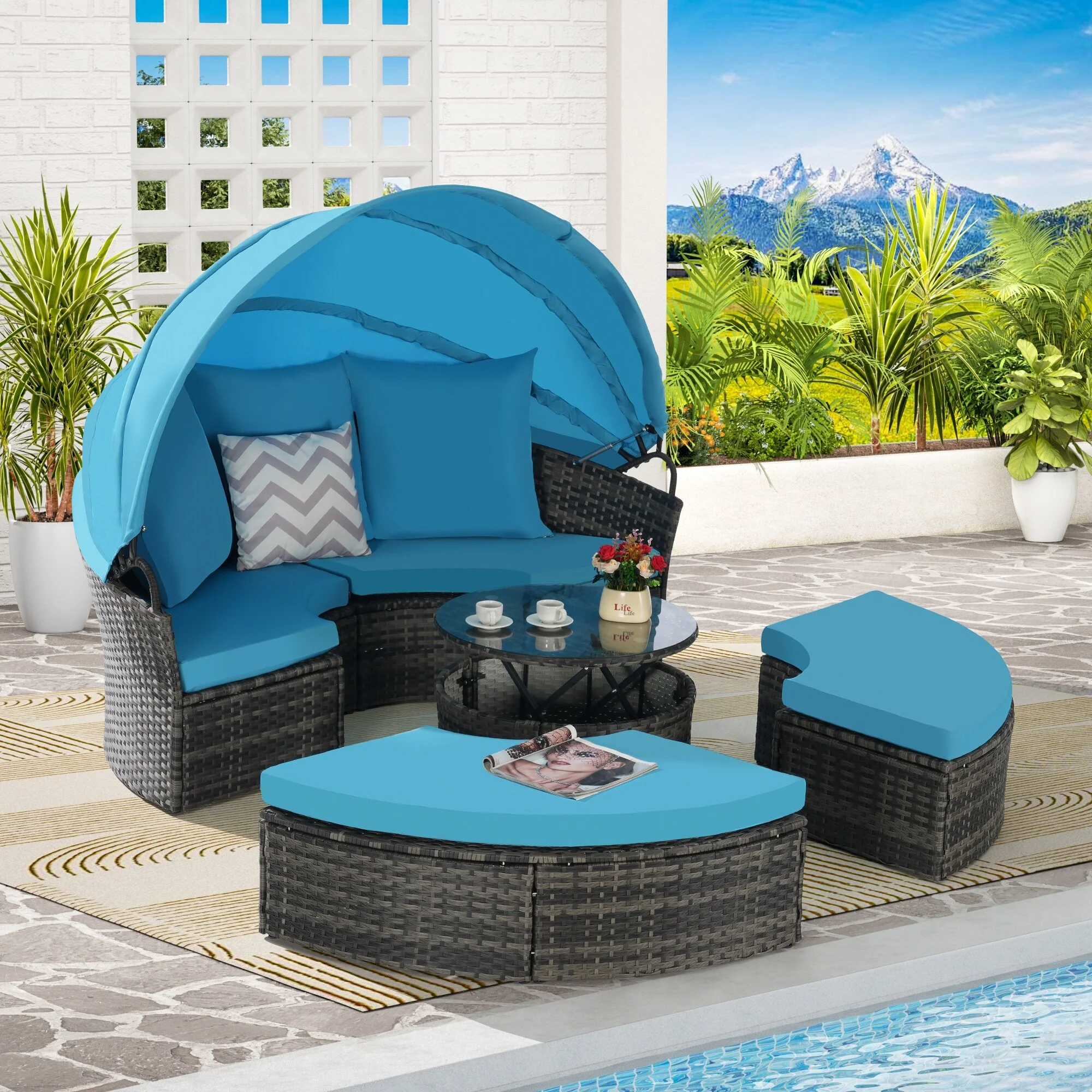 Outdoor Furniture Patio Round Daybed with Retractable Canopy, Soft Cushions, and Storable Table for Leisure in Porch Bac