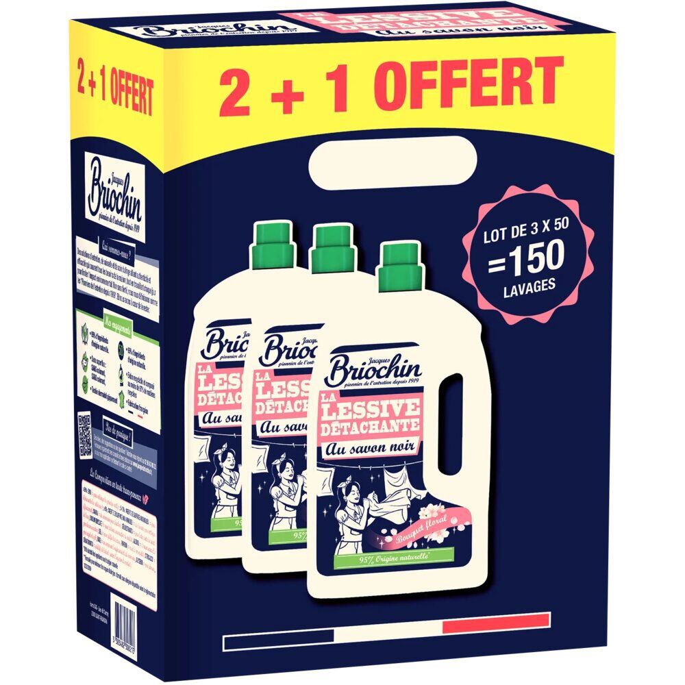 Lessive liquide Briochin savon noir bouquet floral 150 lavages 2 1 offert 3x 2,2L