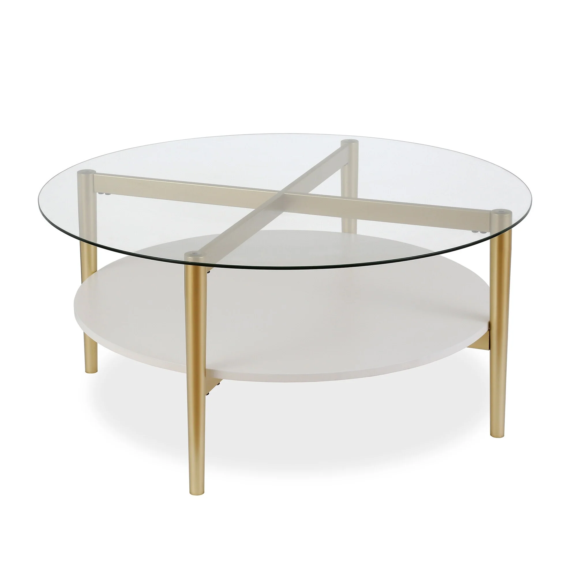 HomeRoots 36 Clear And Gold Glass And Steel Round Coffee Table With Shelf
