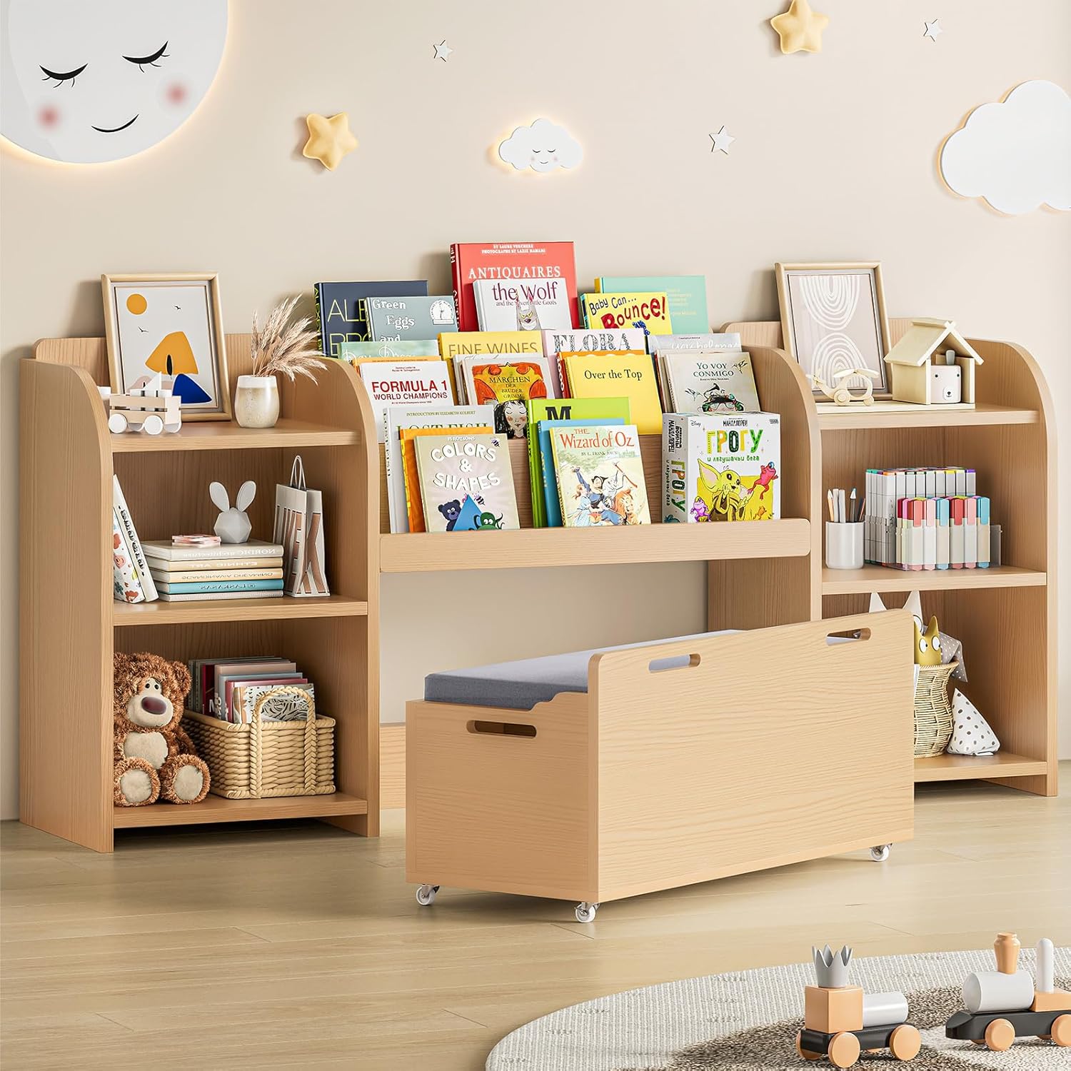 ONBRILL Kids Bookshelf with Reading Nook, 64.5 Toy Storage Organizer with Movable Bench with 3 Storage, Kids Bookcase with 3-Tier Bookshelf, 6 Storages Cubbies, Toy Box & Chest for Bedroom, Playroom