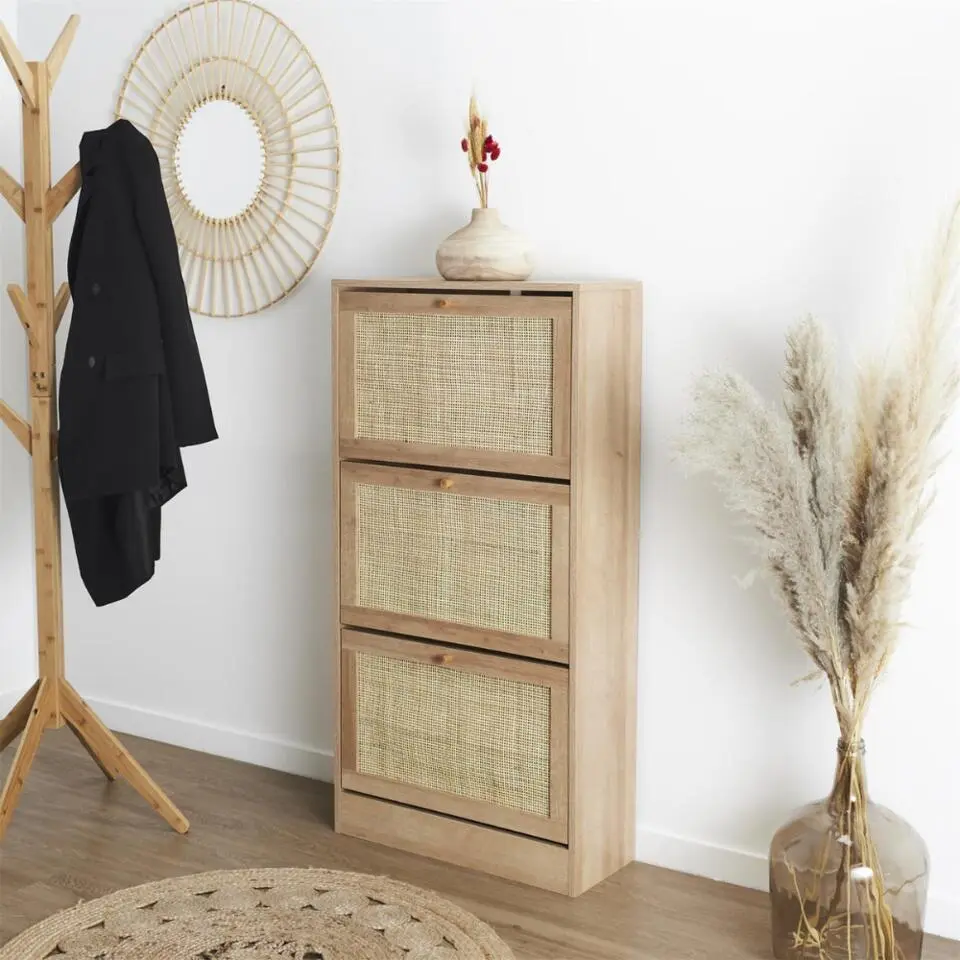 Nordix Schoenenkast met 3 Lades Schoenen Opbergsysteem Rotan Bruin Hout