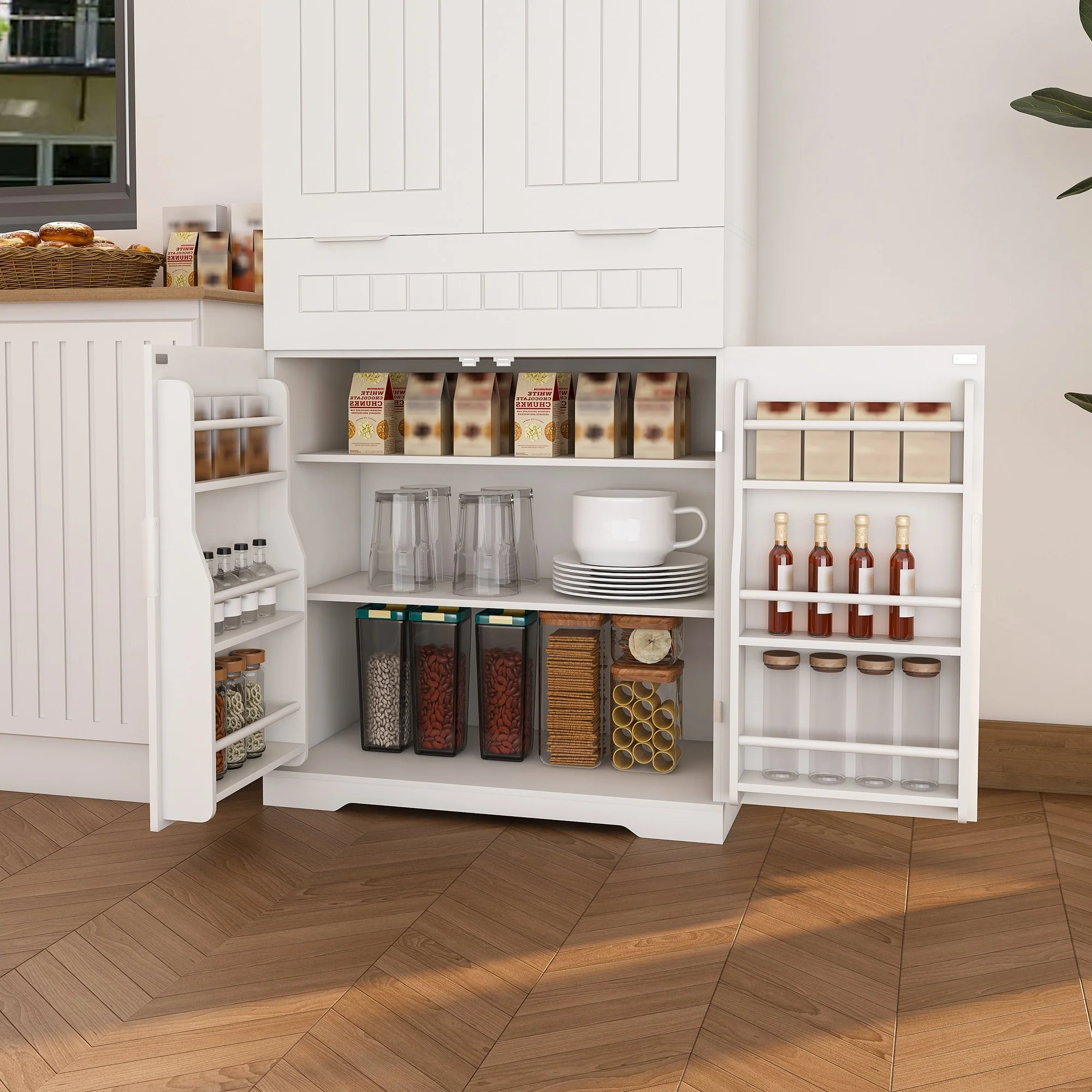 Pantry Cabinet, 71.65 Tall Storage Cabinet with Drawer, 2 Cabinets & 6 Door Shelves, Adjustable Shelves, Freestanding Cupboard