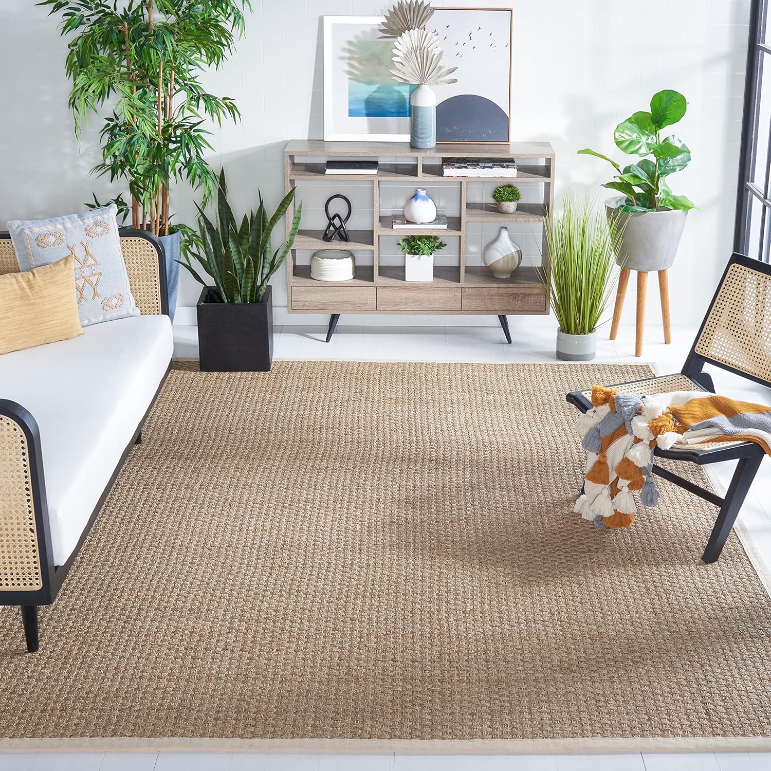 SAFAVIEH Area Rug 9x12 - Natural Fiber Collection - Large - Natural & Ivory, Seagrass, Basketweave Pattern with Border (NF114J)