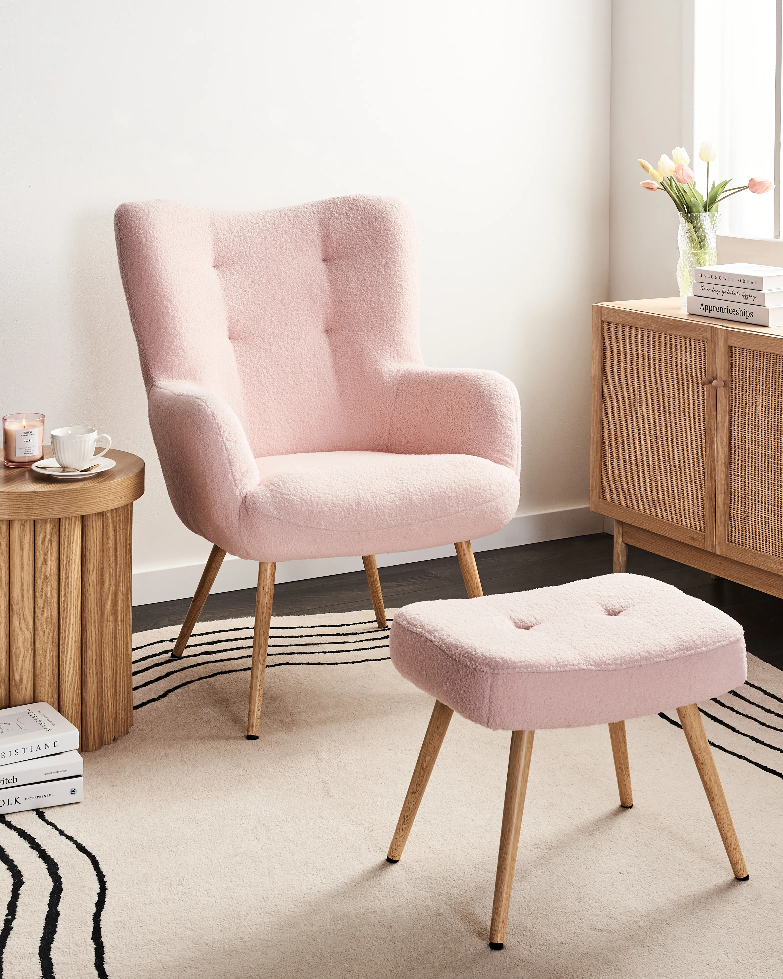 Wingback Chair VEJLE with Footstool Boucle Pastel Pink
