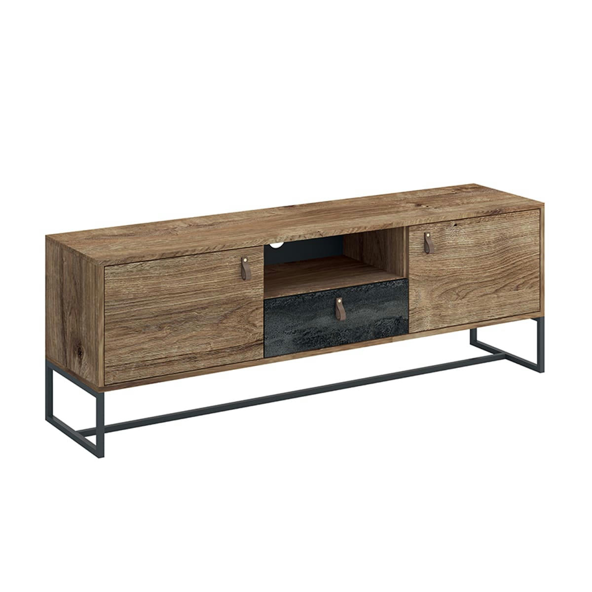 - Meuble tv 2 portes 1 tiroir 153 cm naturel et noir