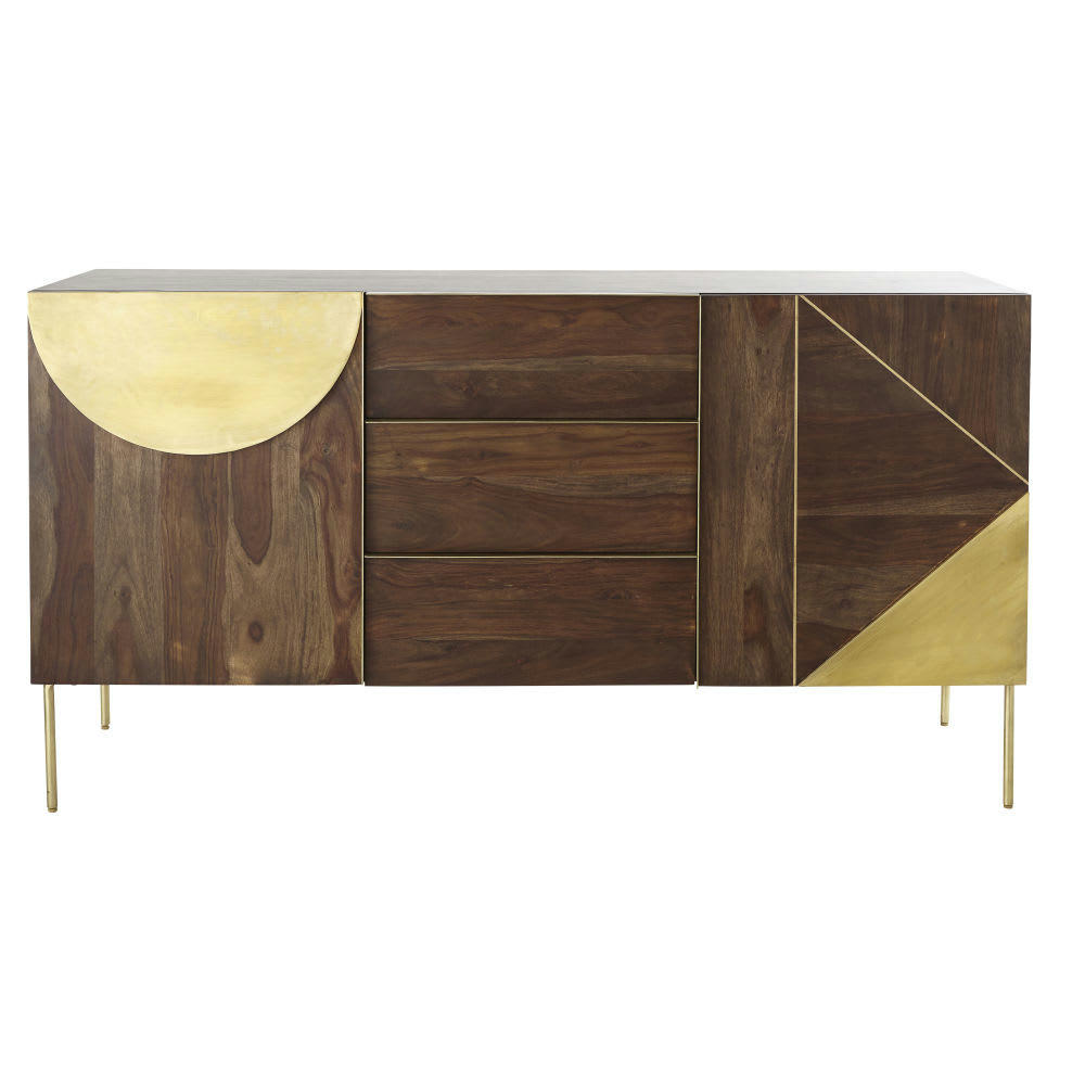 Mayfair - Buffet 2 portes 3 tiroirs en sheesham massif et métal doré