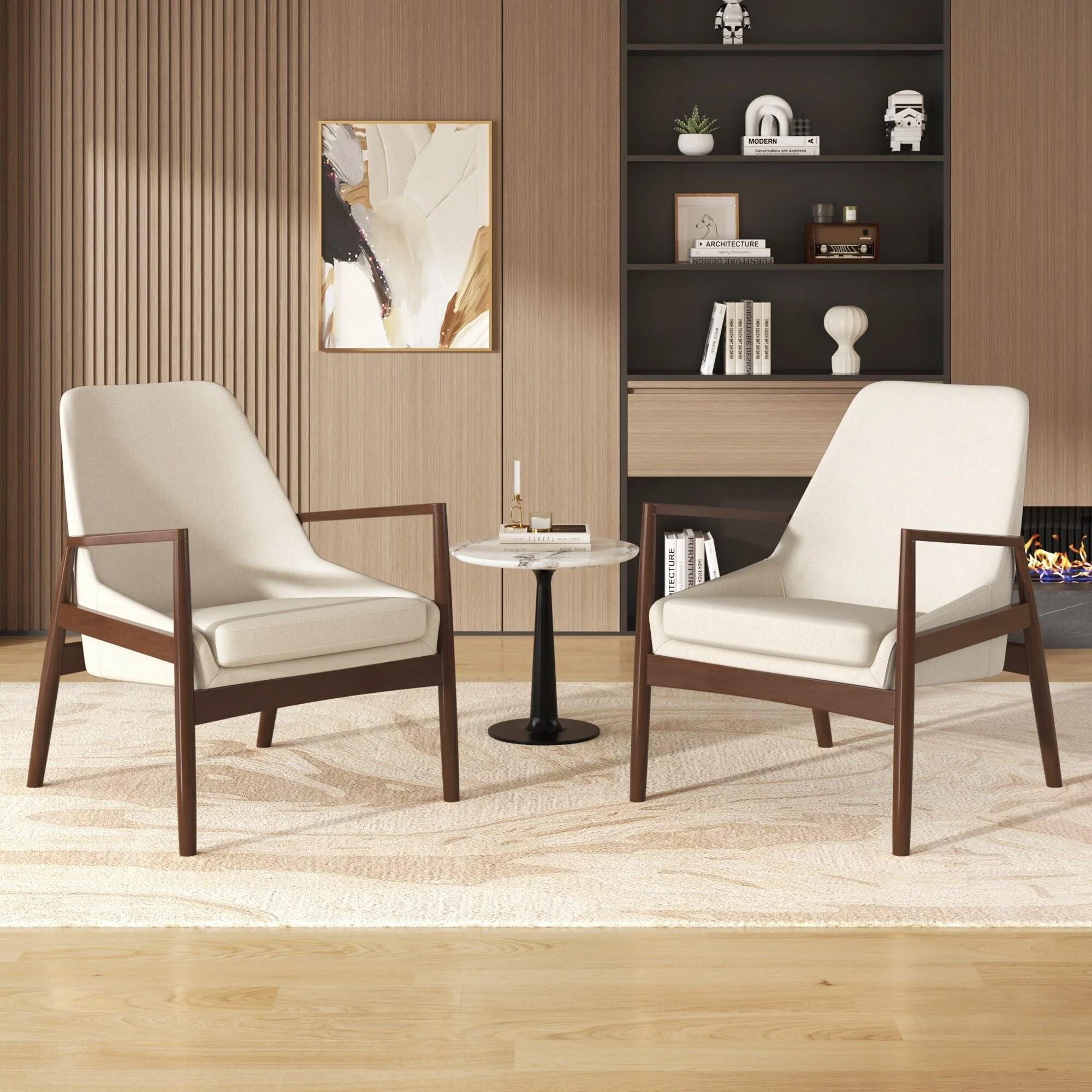 Set of 2 Mid-Century Modern Accent Chairs with Solid Wood Frame, High Back PU Leather Armchair for Living Room