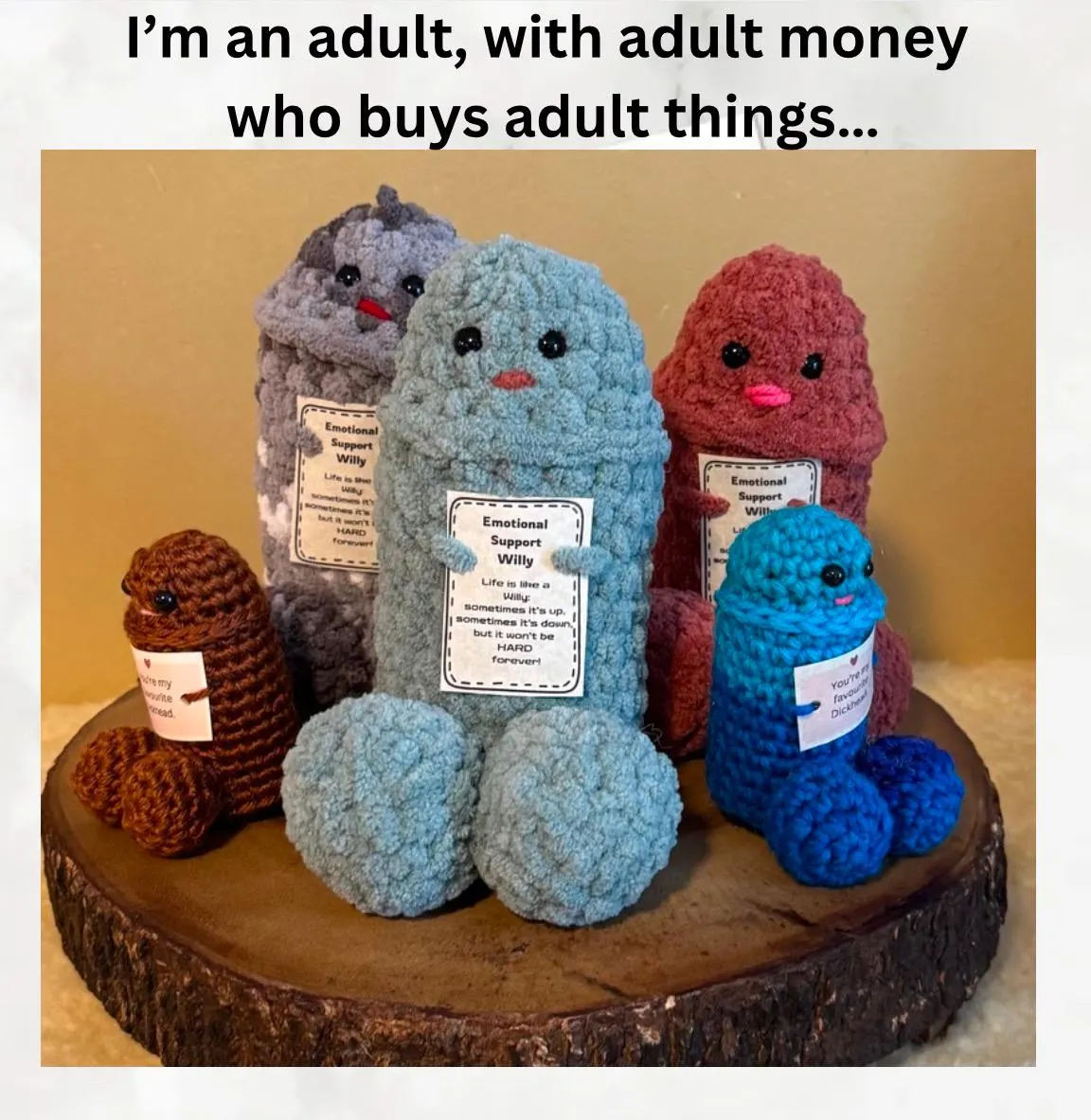Crocheted Emotional Support Willy: funny crochet, gag gift, uplifting message