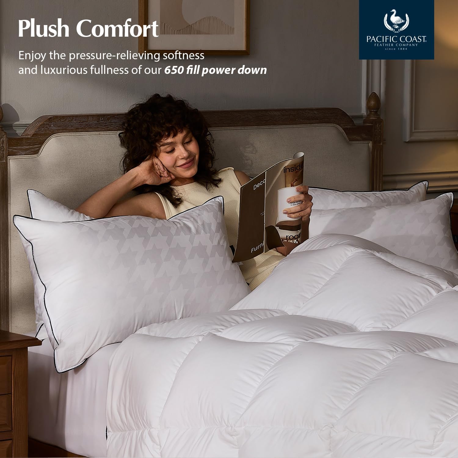 Pacific Coast Down Pillow, Extra Support for Side Sleepers, Firm Supportive, White Goose Down Bed Pillow, 650 Fill Power, 450 Thread Count 100% Jacquard Cotton Shell, Luxury, Queen Size, 1 Pack