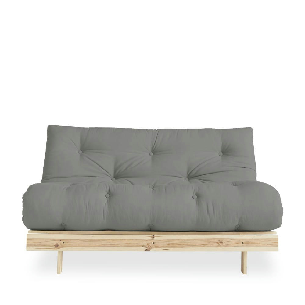 ROOTS - Canapé convertible en bois naturel et tissu gris 2 places