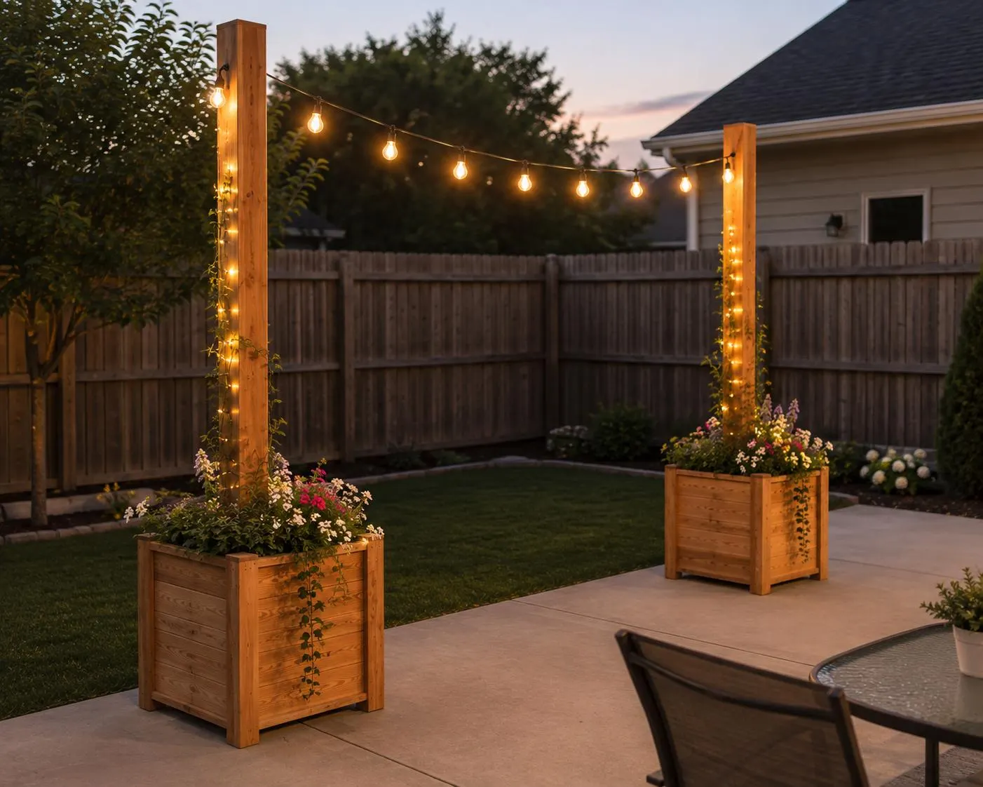 Cedar Planter Box with String Light Post
