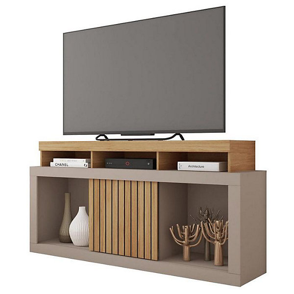 Meuble TV 55 Pouces Chêne et Gris 1 Porte 6 Roulettes L 136 H 74 P 39 cm - L 136 x l 39 x H 74 cm