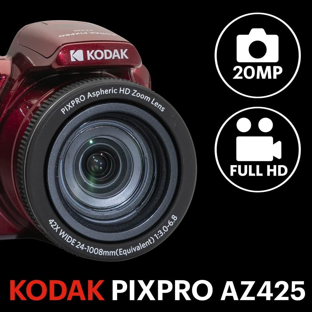 KODAK PIXPRO AZ425-RD 20MP Digital Camera 42X Optical Zoom 24mm Wide Angle 1080P Full HD Video Optical Image Stabilization Li-Ion Battery 3 LCD Vlogging Camera (Red)