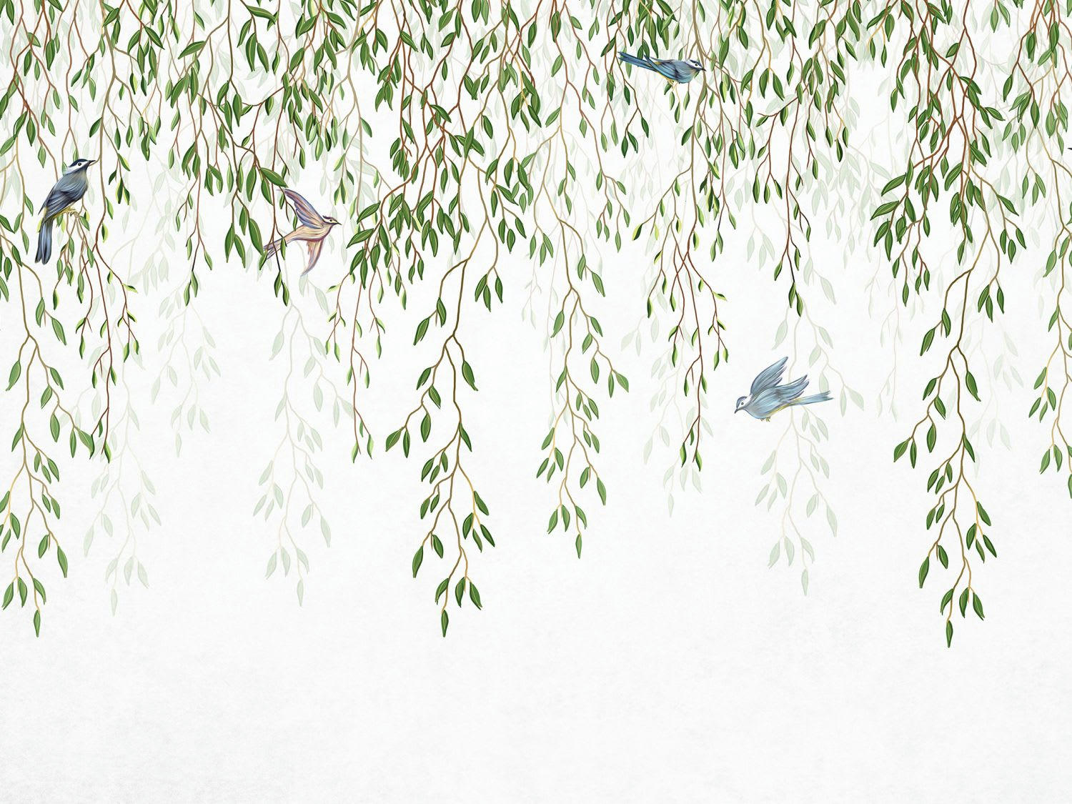 NONE - papier peint panoramique oiseaux dans la nature vert et bleu 3,5 x 2,7