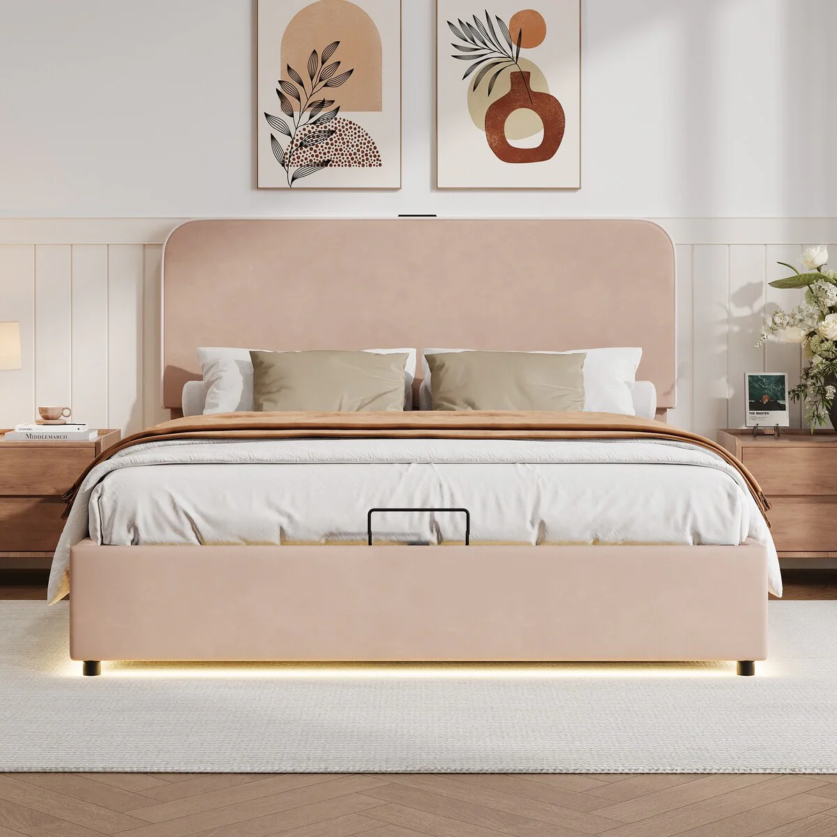 Upholstered Platform Full Size Hydraulic Storage Bed, Lift Up Storage Bed with RGB LED Light, Bluetooth Speaker