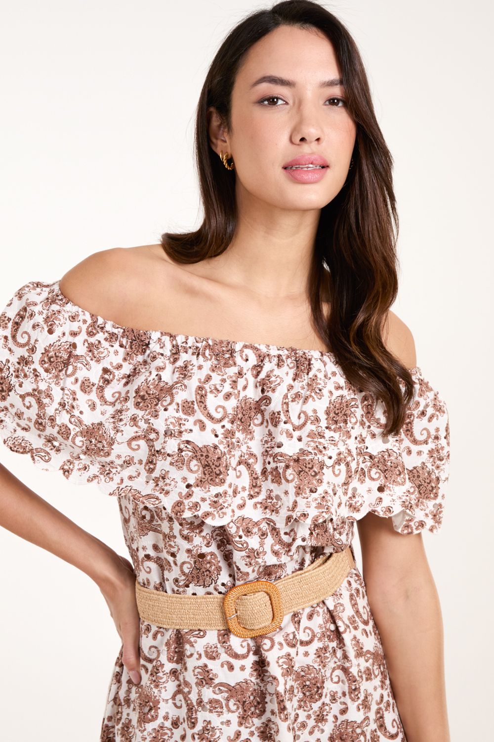 Blue Vanilla Bardot Broderie Mini Belted Dress