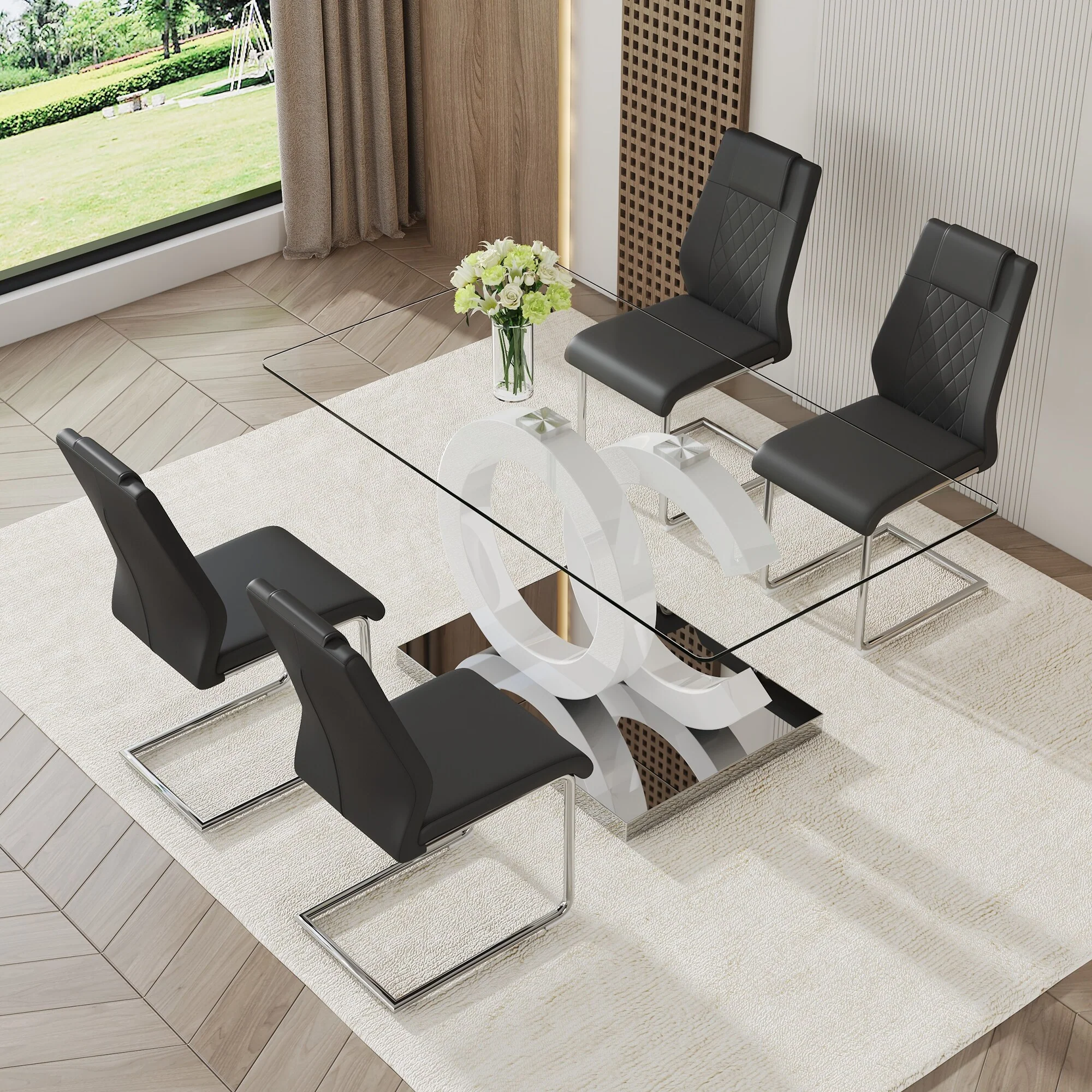 Modern Transprant Tempered Glass Dining Table Set with OC-Shaped Base and PU Upholstered Chairs