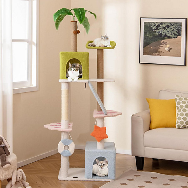 Arbre à Chat XXL 180 CM, Thème Station Balnéaire, 2 Condos, Rampe et Griffoirs, Perchoir Douillet, pour Chats