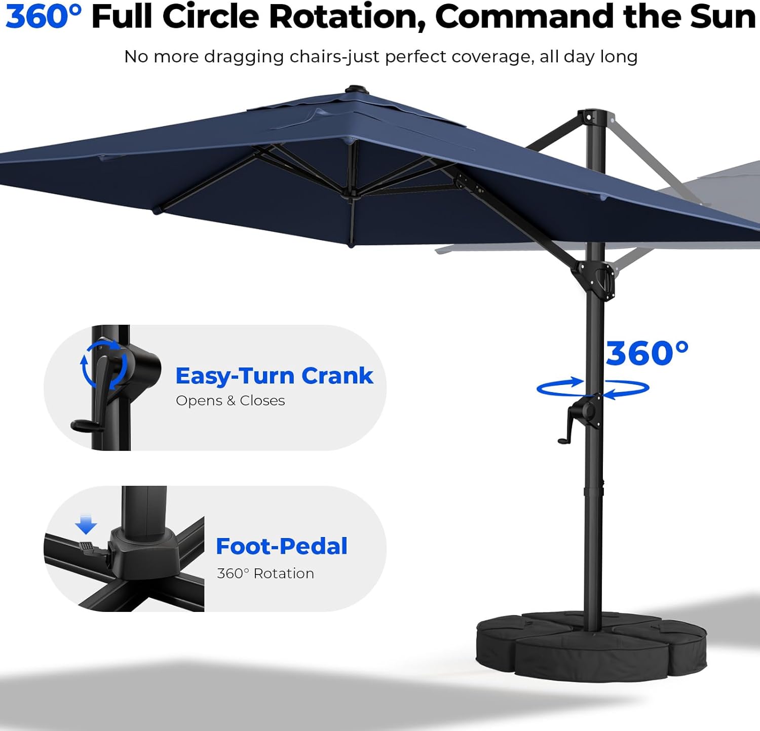 HOMSHADE 9x12FT Cantilever Patio Umbrella Outdoor with Base- Large Offset Heavy-Duty Aluminum Umbrella with 360° Rotation  6 Tilts  Windproof  3-Year Fade Resistance for Pool Deck  Navy Blue