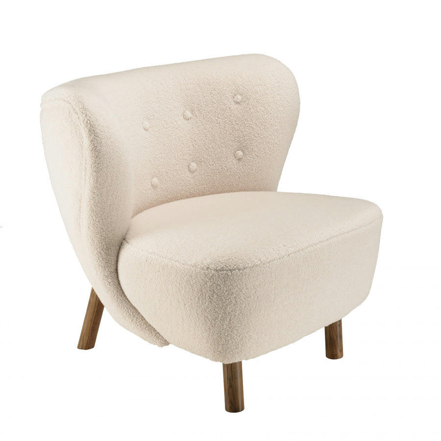 GASTON - Fauteuil en tissu bouclette écru, dossier capitonné arrondi