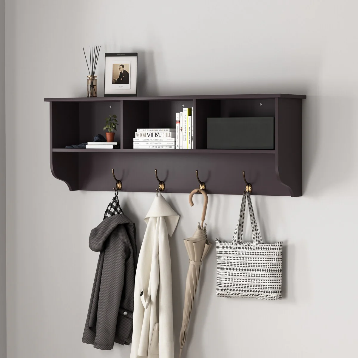 Espresso Entryway Wall Mounted Coat Rack with 4 Dual Hooks Living Room Wooden Storage Shelf