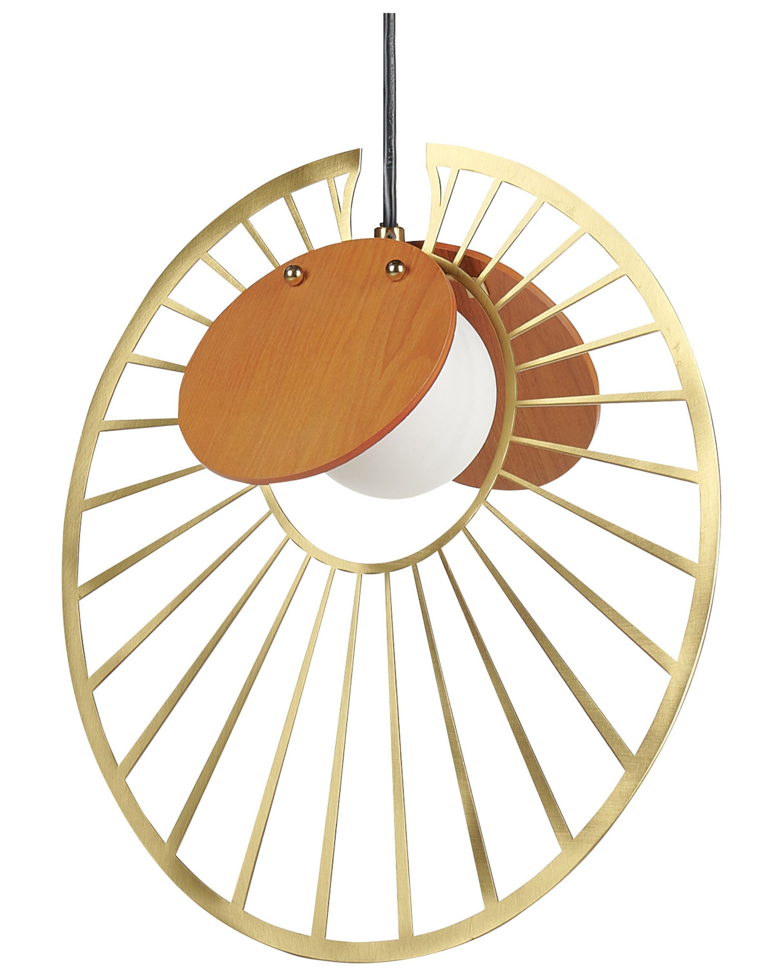 Lampa wisząca metalowa złota z jasnym drewnem