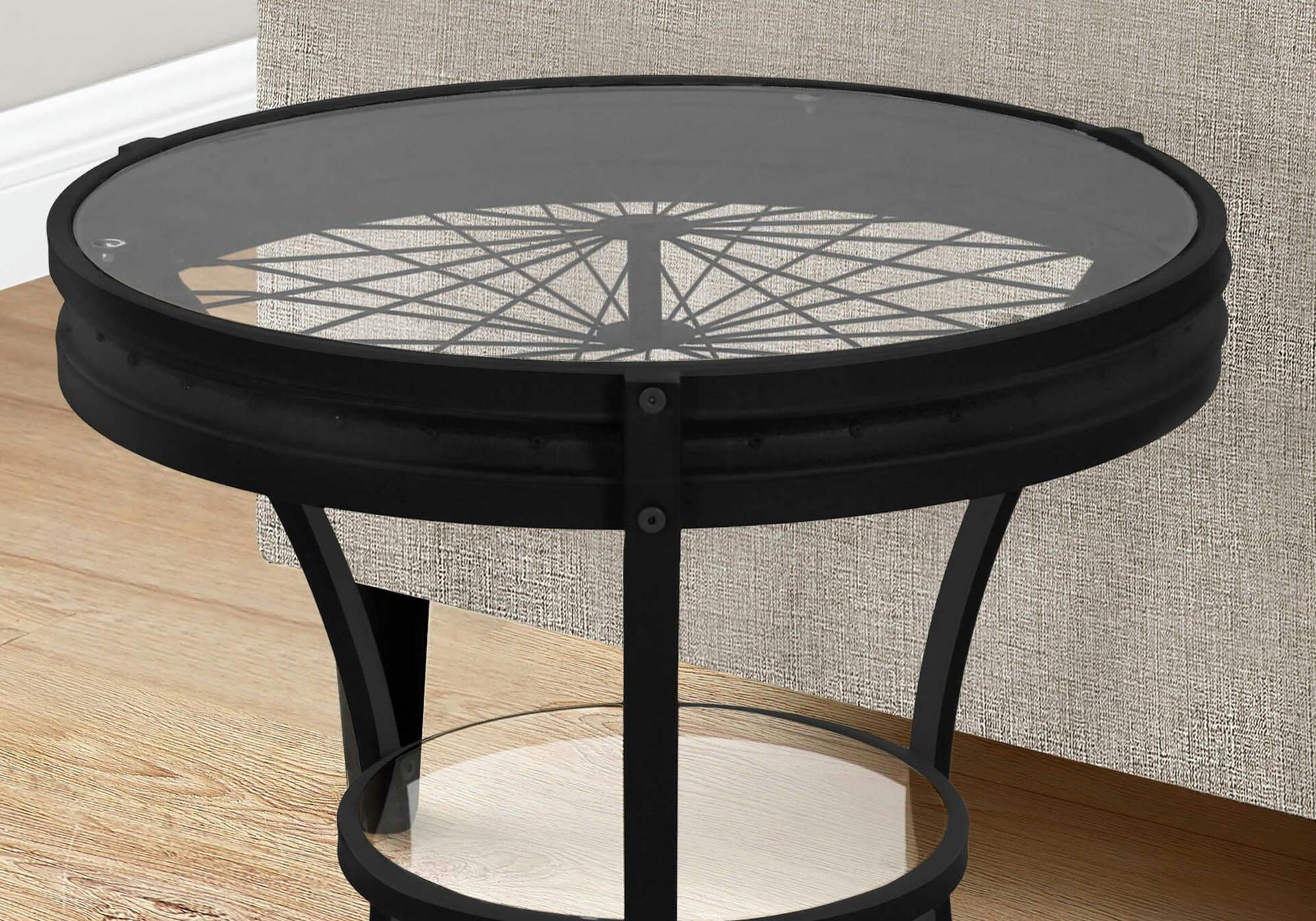 Monarch Spoke Round Glass Top Sofa End/Side Accent Table With Decorative Metal Base, Black