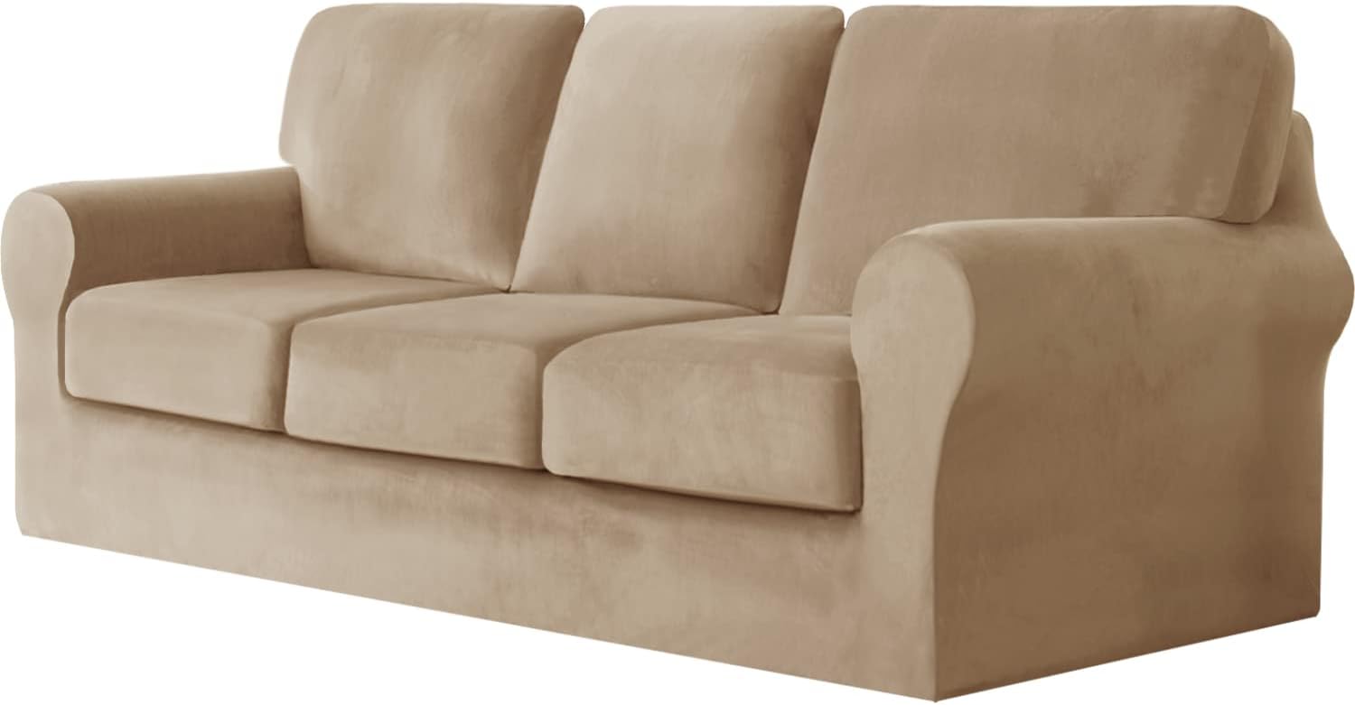 7 Pieces Velvet High Stretch Sofa Covers for 3 Cushion Couch Sofa Slipcovers, Washable Furniture Protector with Drawstring Anti Slip Bottom, Soft and Plush Fabric for Kids and Pet (Sand)
