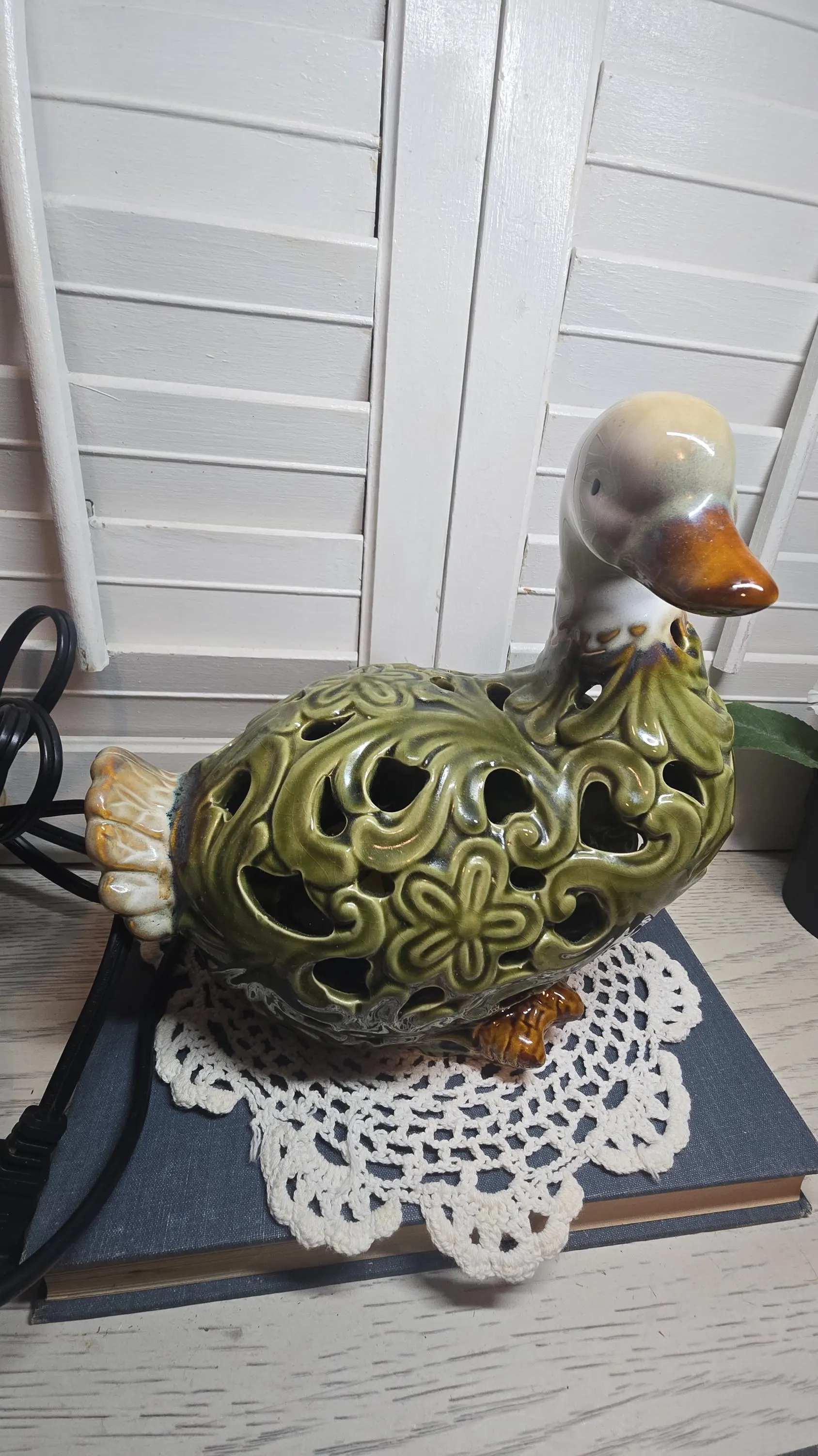 Sage Green Duck Decoy Reticulated Glazed Decor Lamp