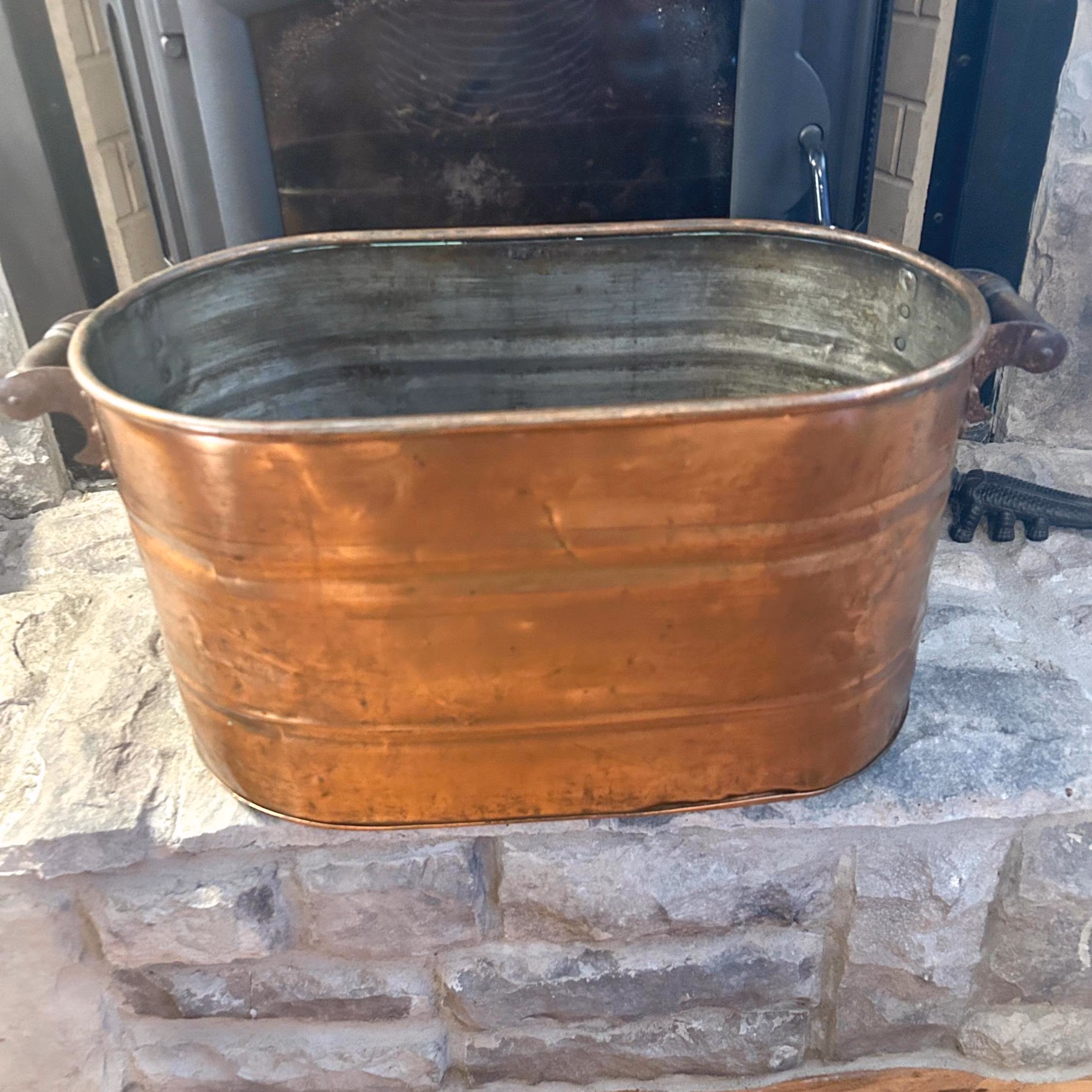 Vintage Copper Boiler Wash Tub, Warm Patina, Firewood Kindling Storage Fireplace Decor