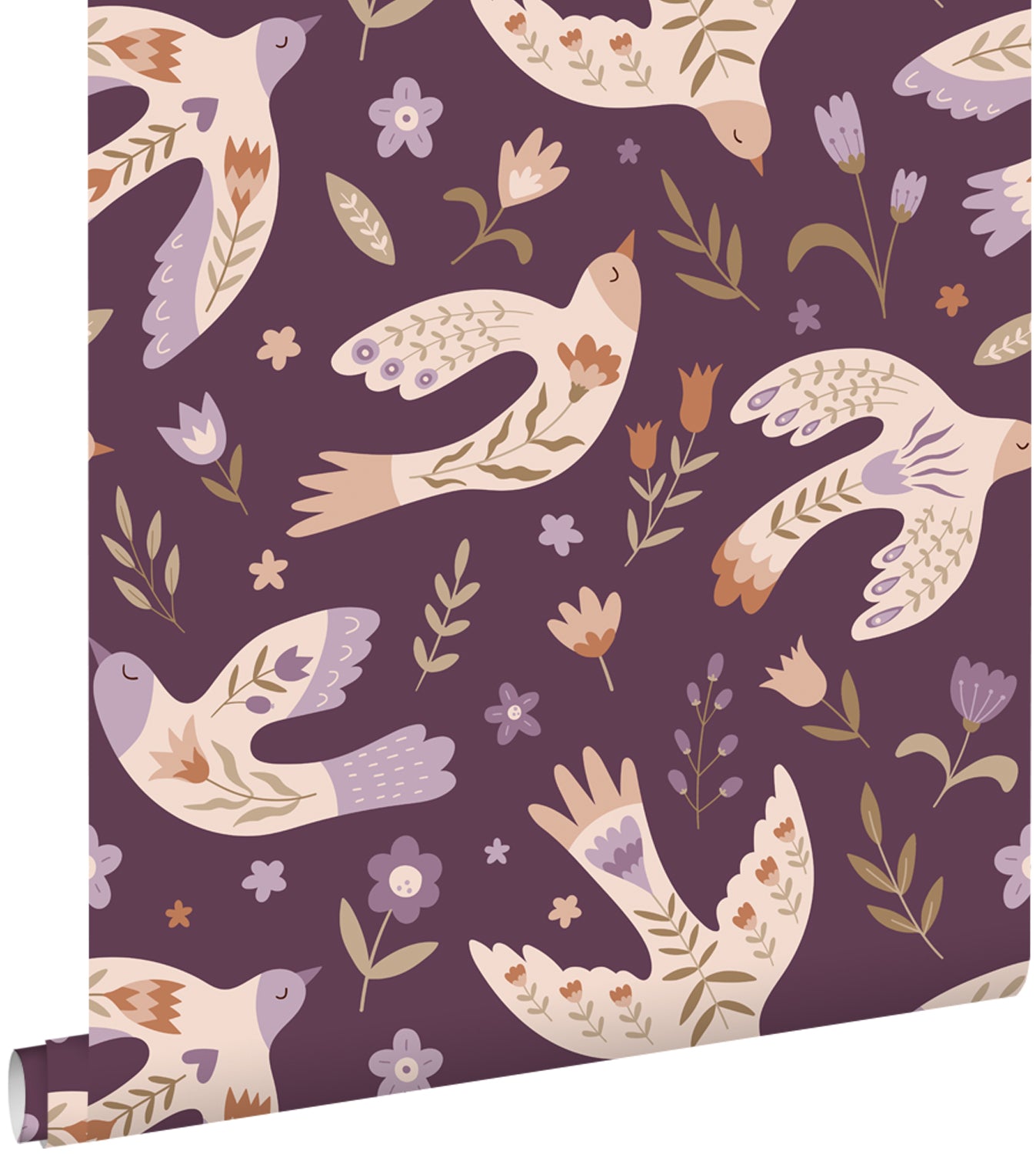 ESTAhome behang bloemen en vogels paars - 50 x 900 cm - 131757