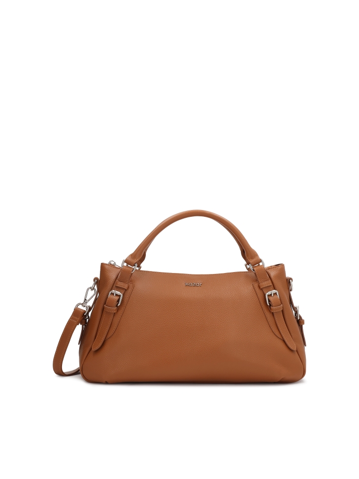 Light brown leather handbag with handles and silver details