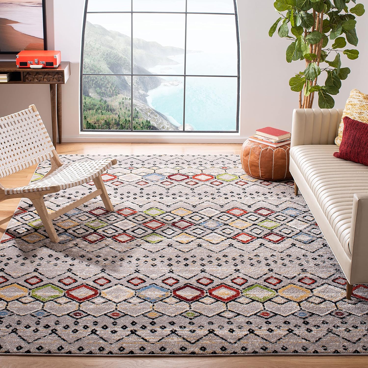 SAFAVIEH Amsterdam Collection Area Rug - 9' x 12', Light Grey & Multi, Moroccan Boho Design, Non-Shedding & Easy Care, Ideal for High Traffic Areas in Living Room, Bedroom (AMS108G)